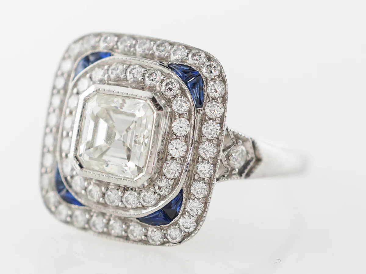 Asscher Cut Diamond Engagement Ring w/ Sapphire Accents - Image 2