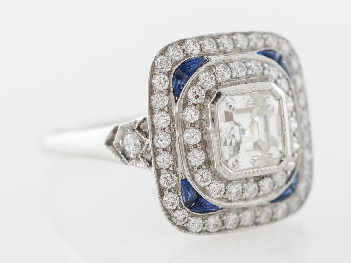 Asscher Cut Diamond Engagement Ring w/ Sapphire Accents - Image 3