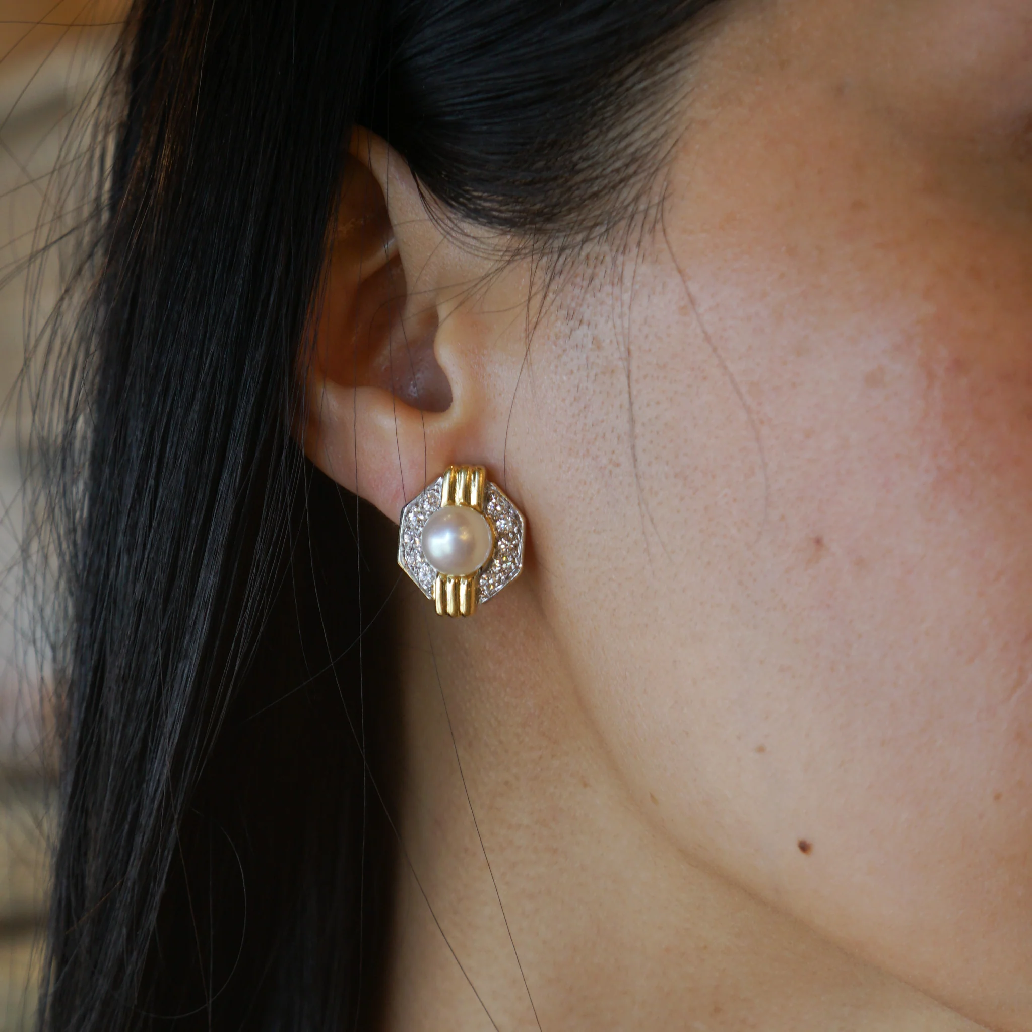 Badler Pearl & Diamond Earrings in 18k Yellow Gold - Image 3