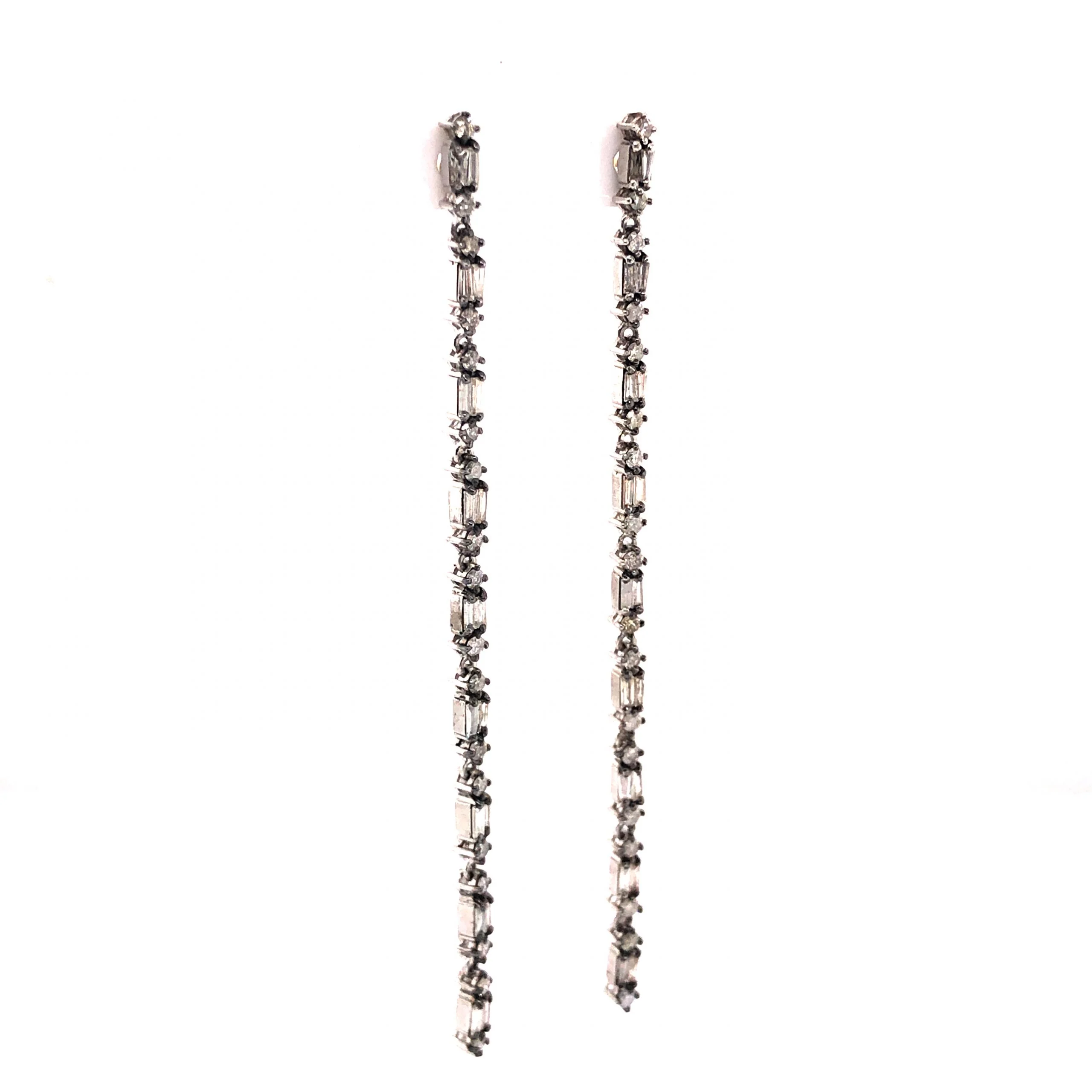 Baguette Cut Diamond Drop Earrings in Sterling Silver - Image 3