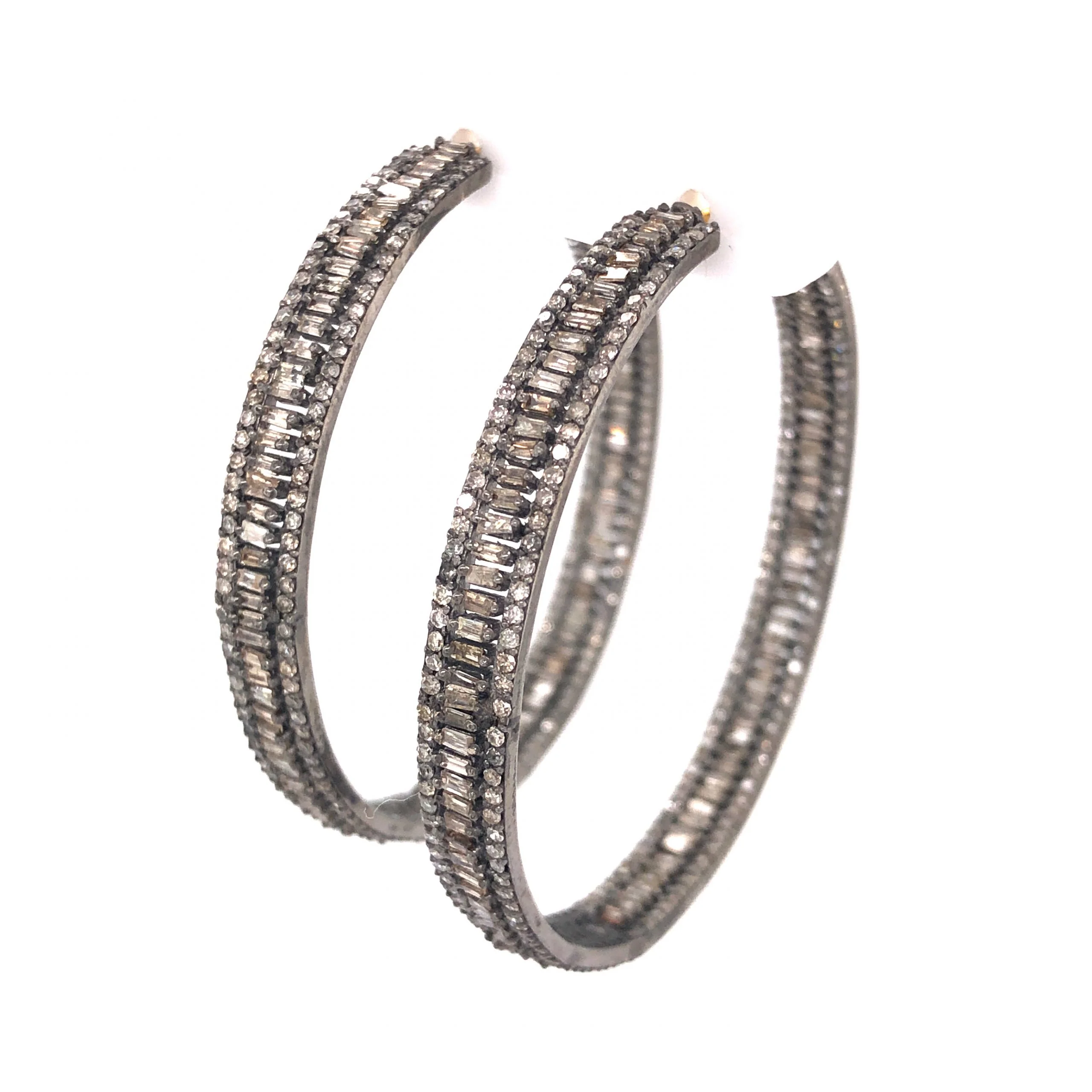 Baguette & Round Diamond Hoop Earrings in Sterling Silver - Image 2