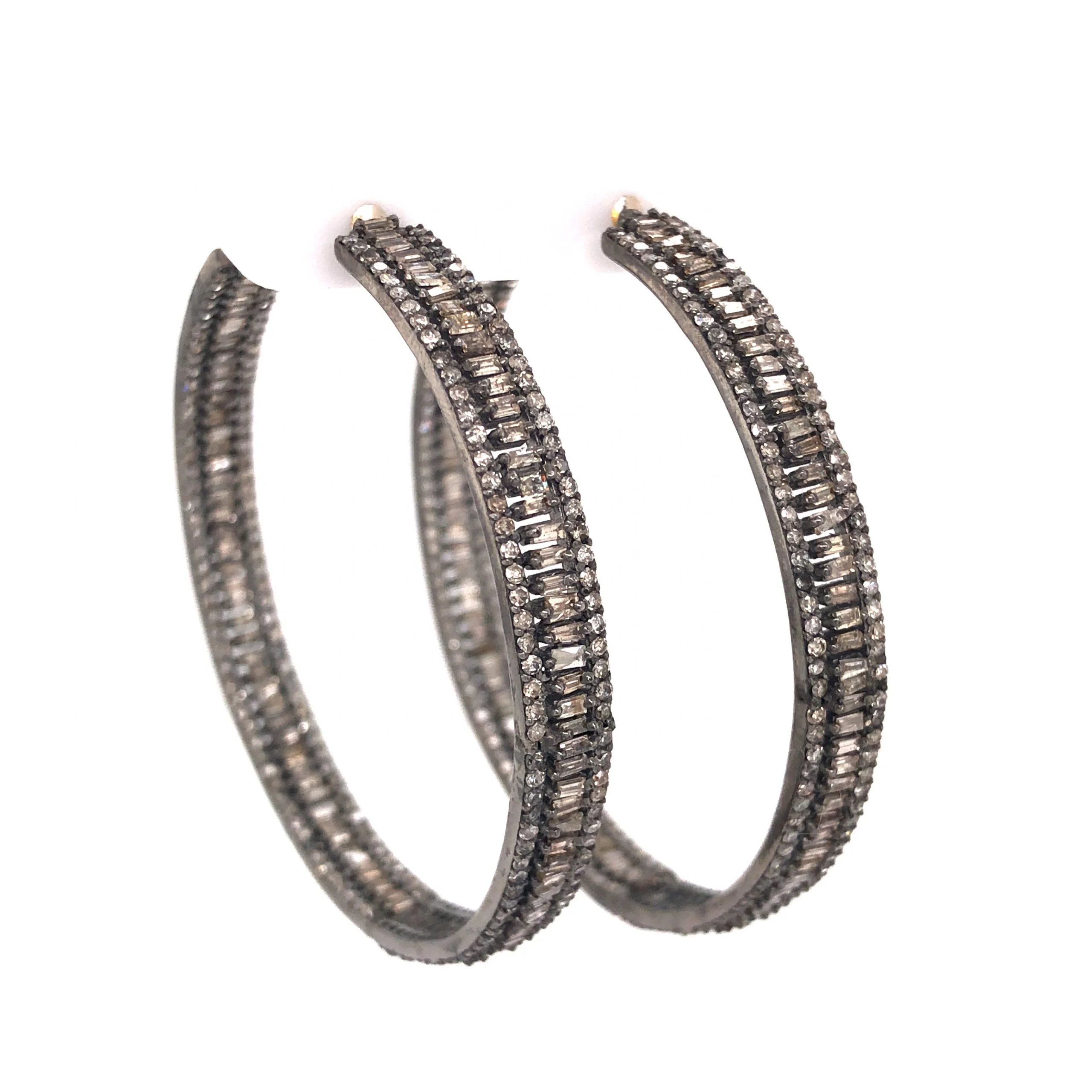 Baguette & Round Diamond Hoop Earrings in Sterling Silver - Image 3
