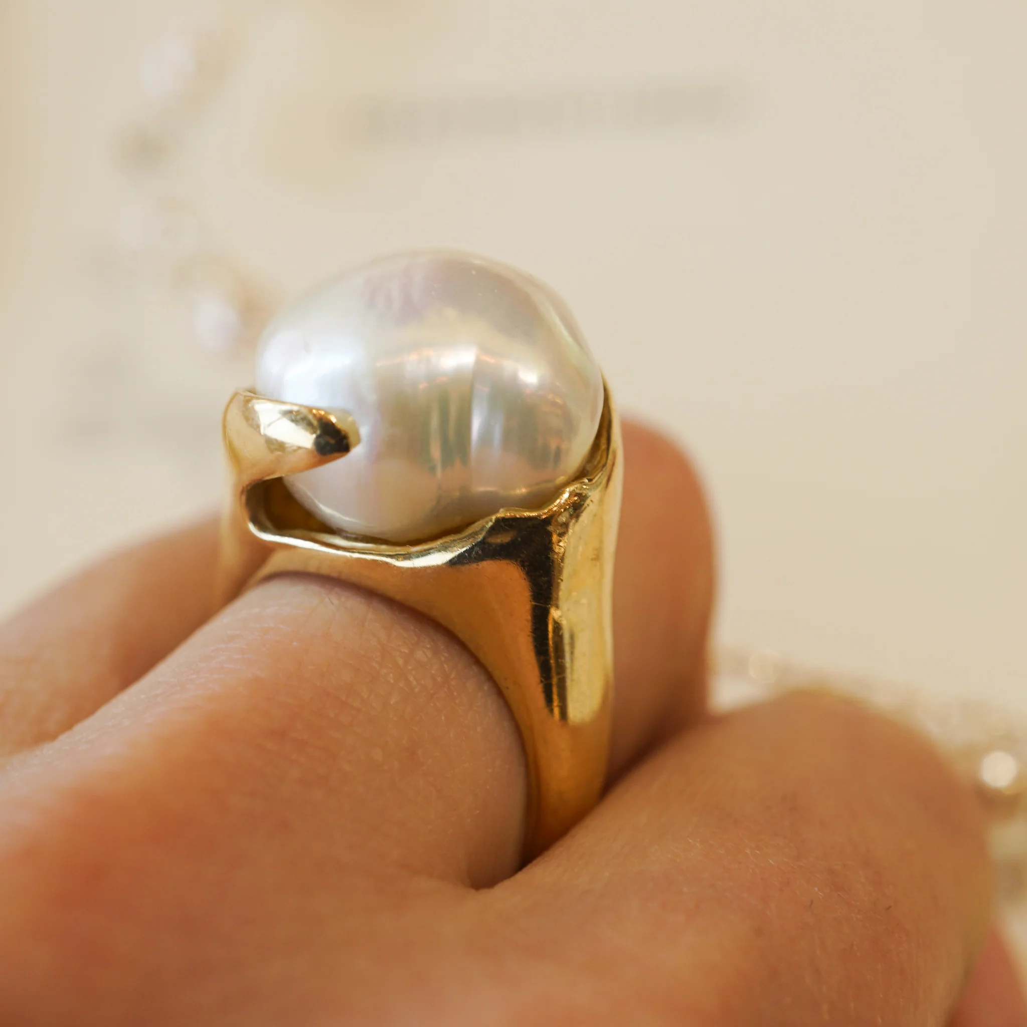 Baroque Pearl Cocktail Ring 18k Yellow Gold - Image 6