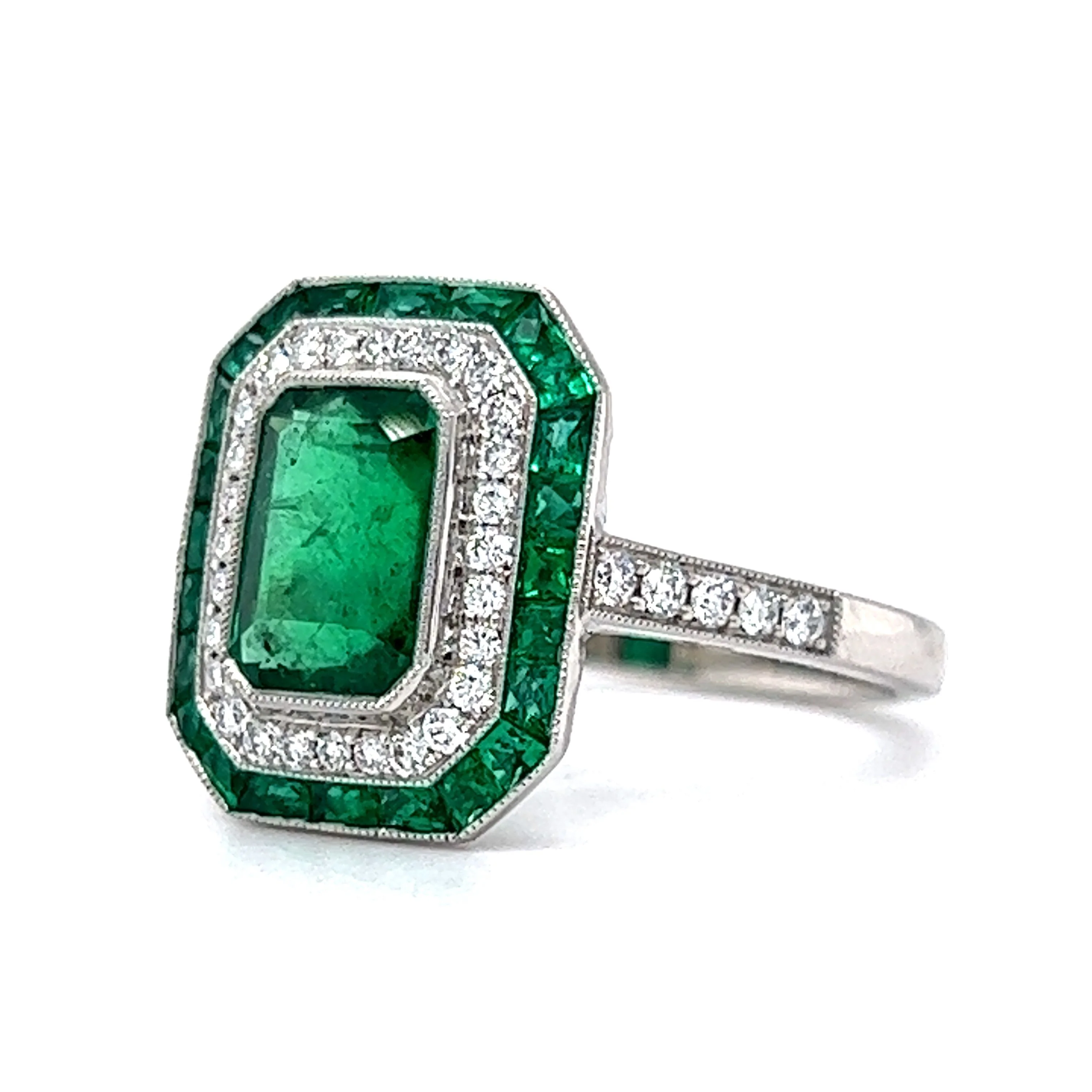 Bezel Set Emerald & Diamond Halo Cocktail Ring in Platinum - Image 2