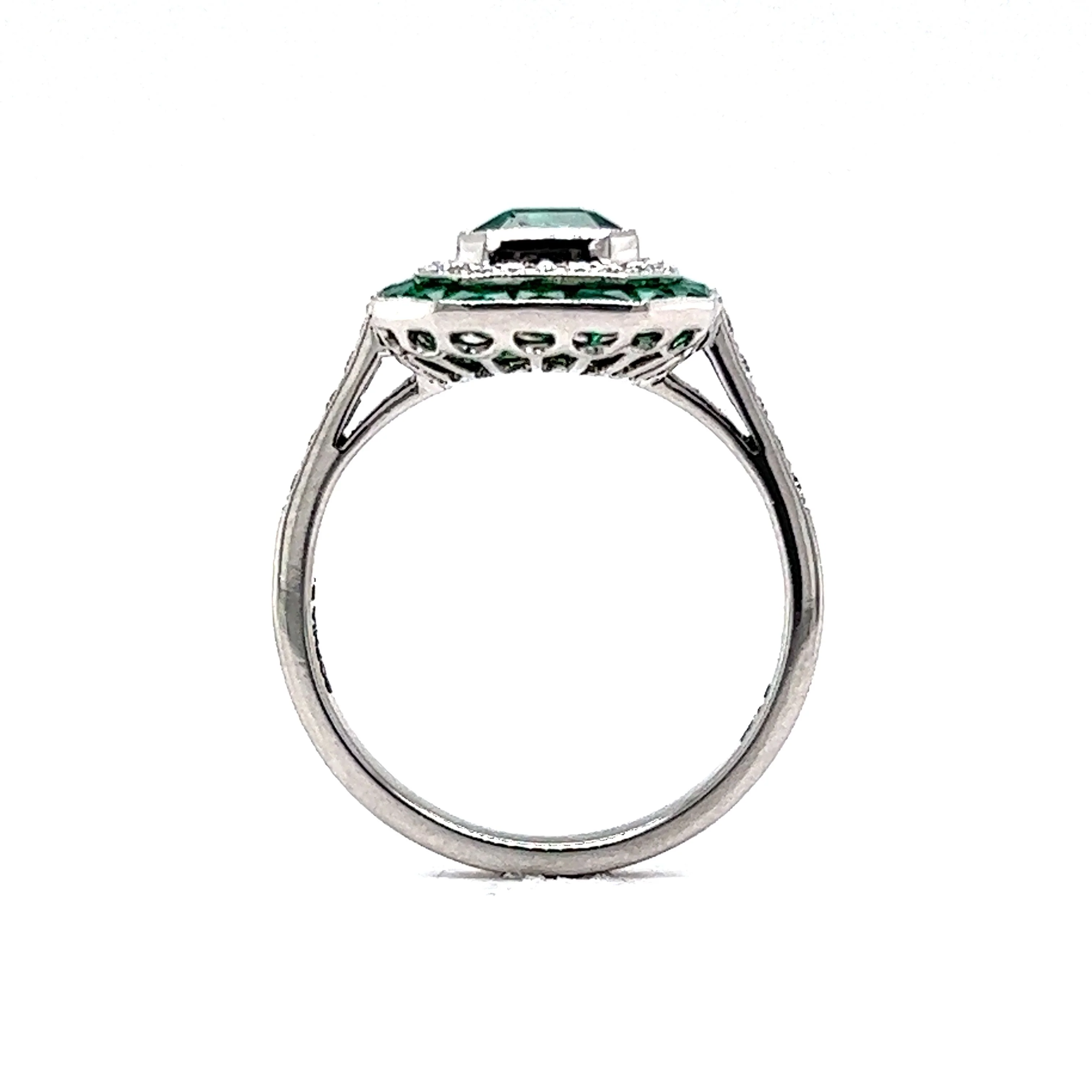 Bezel Set Emerald & Diamond Halo Cocktail Ring in Platinum - Image 4