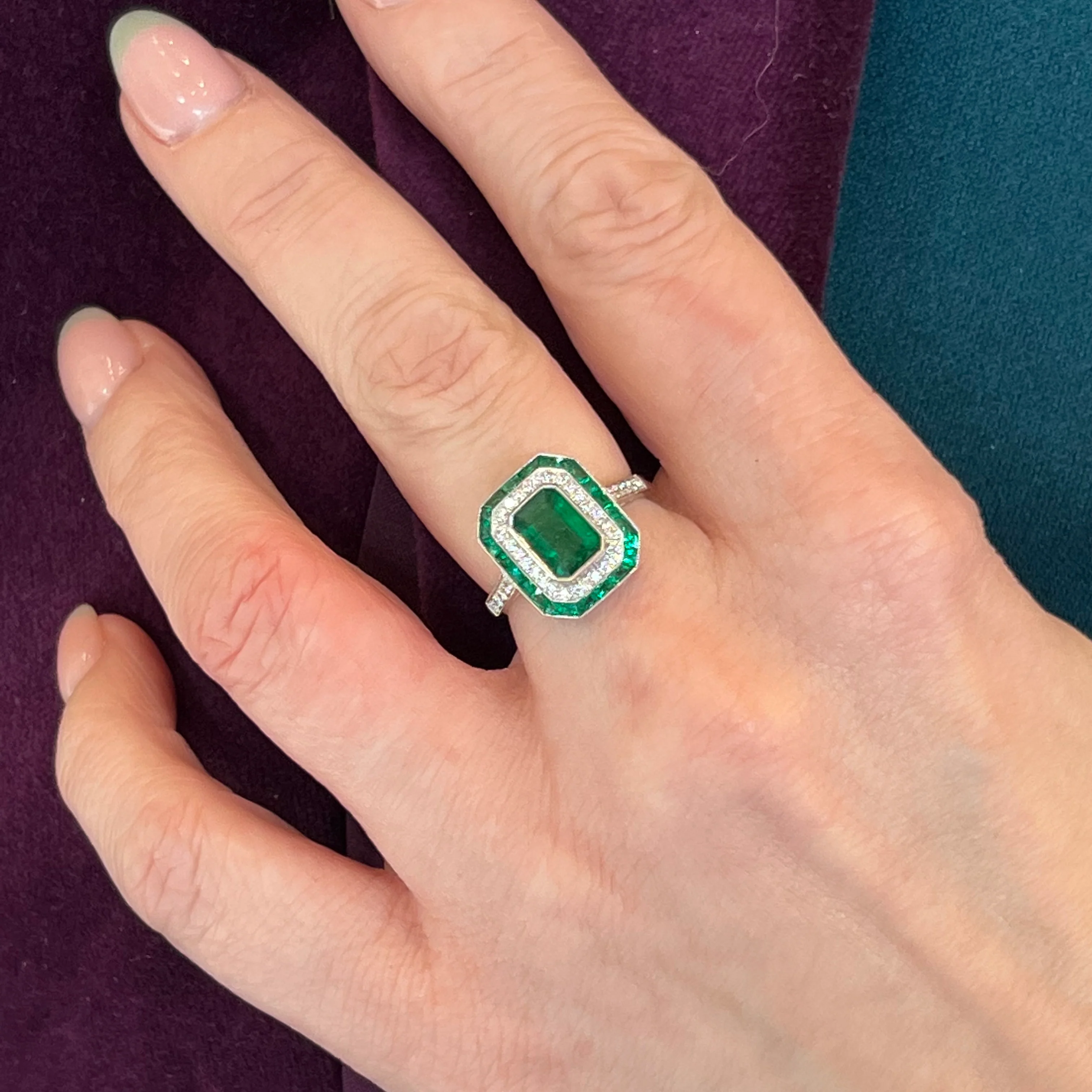 Bezel Set Emerald & Diamond Halo Cocktail Ring in Platinum - Image 6