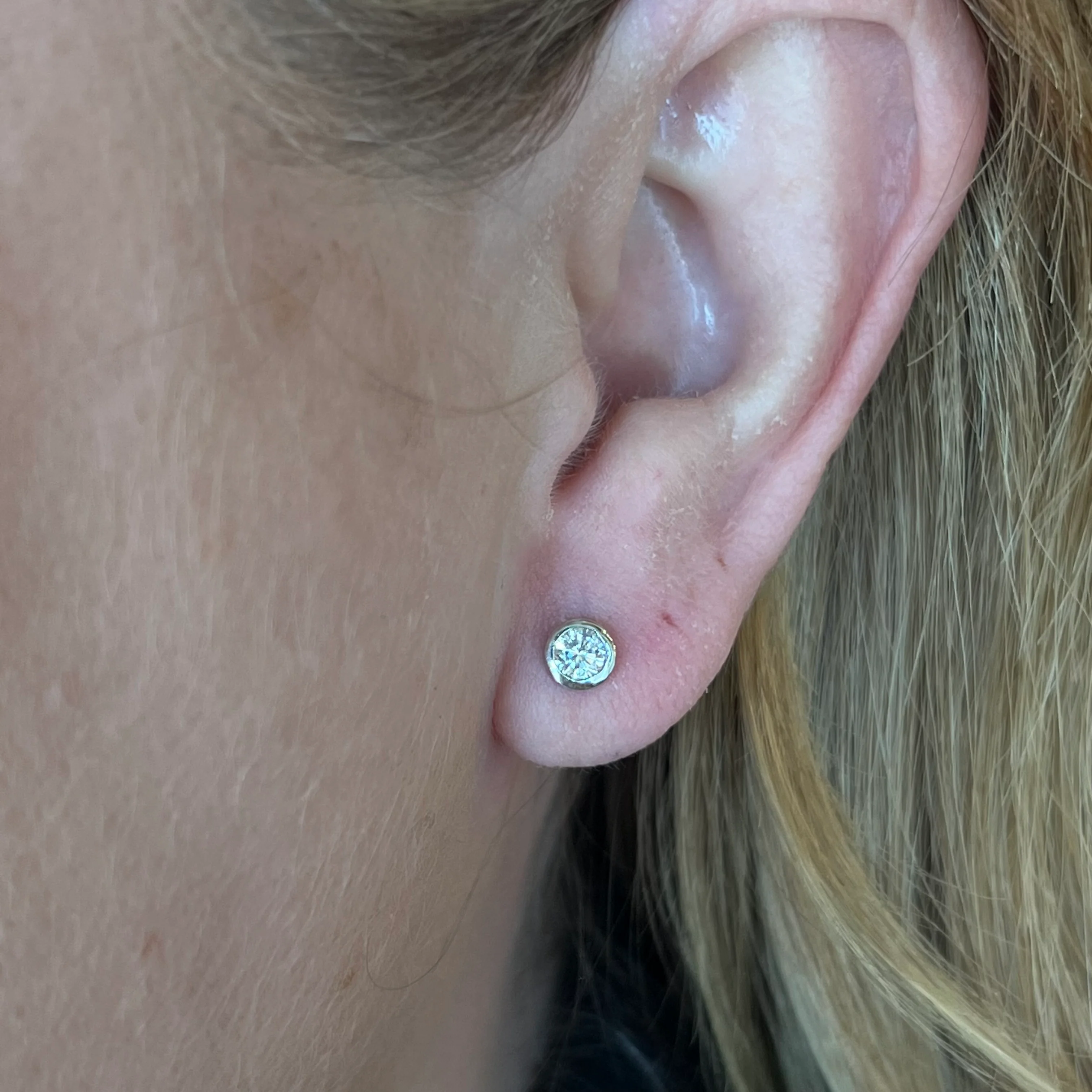 Bezel Set Stud Earrings w/ Diamonds in 14k White Gold - Image 4
