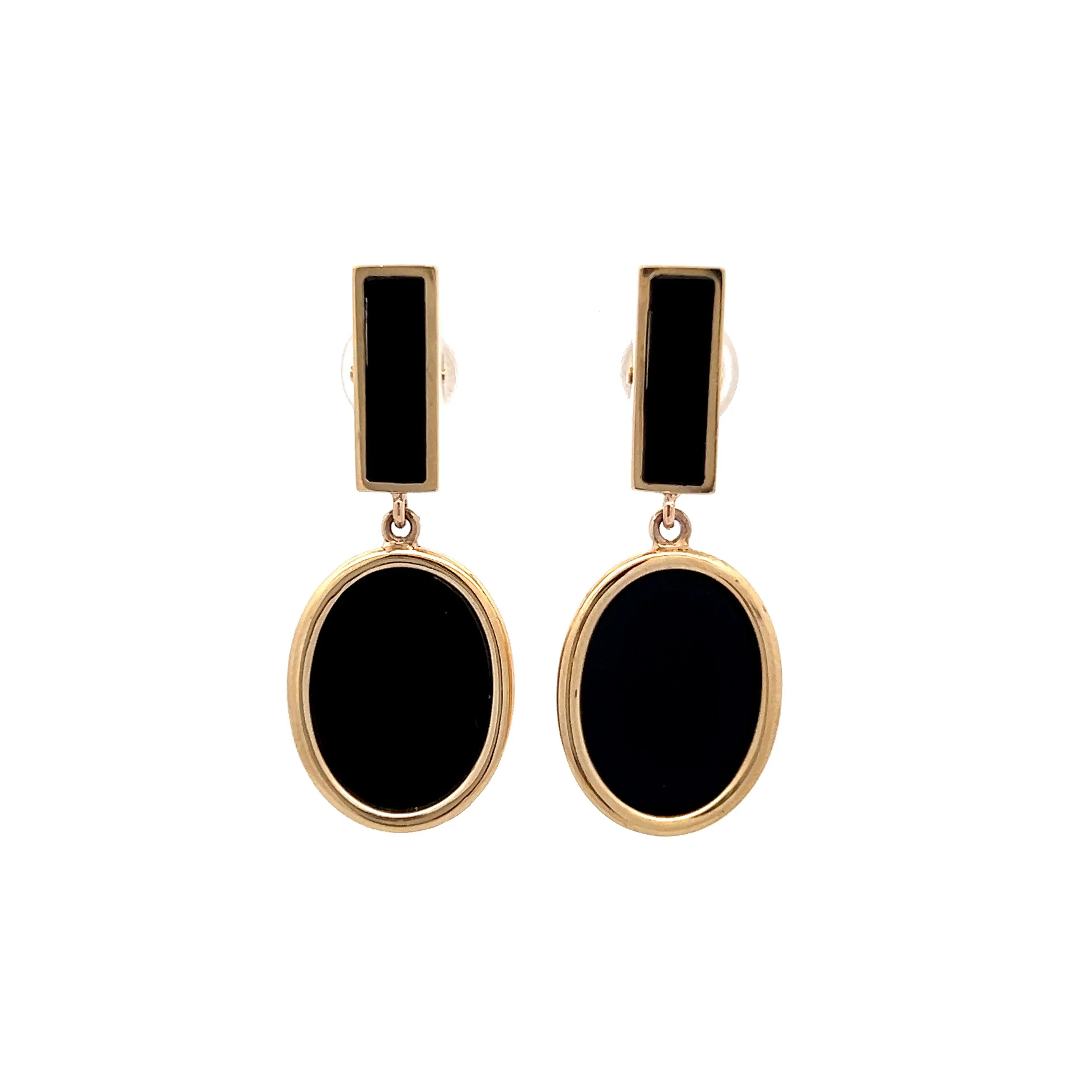 Black Onyx Dangle Earrings in 14k Yellow Gold