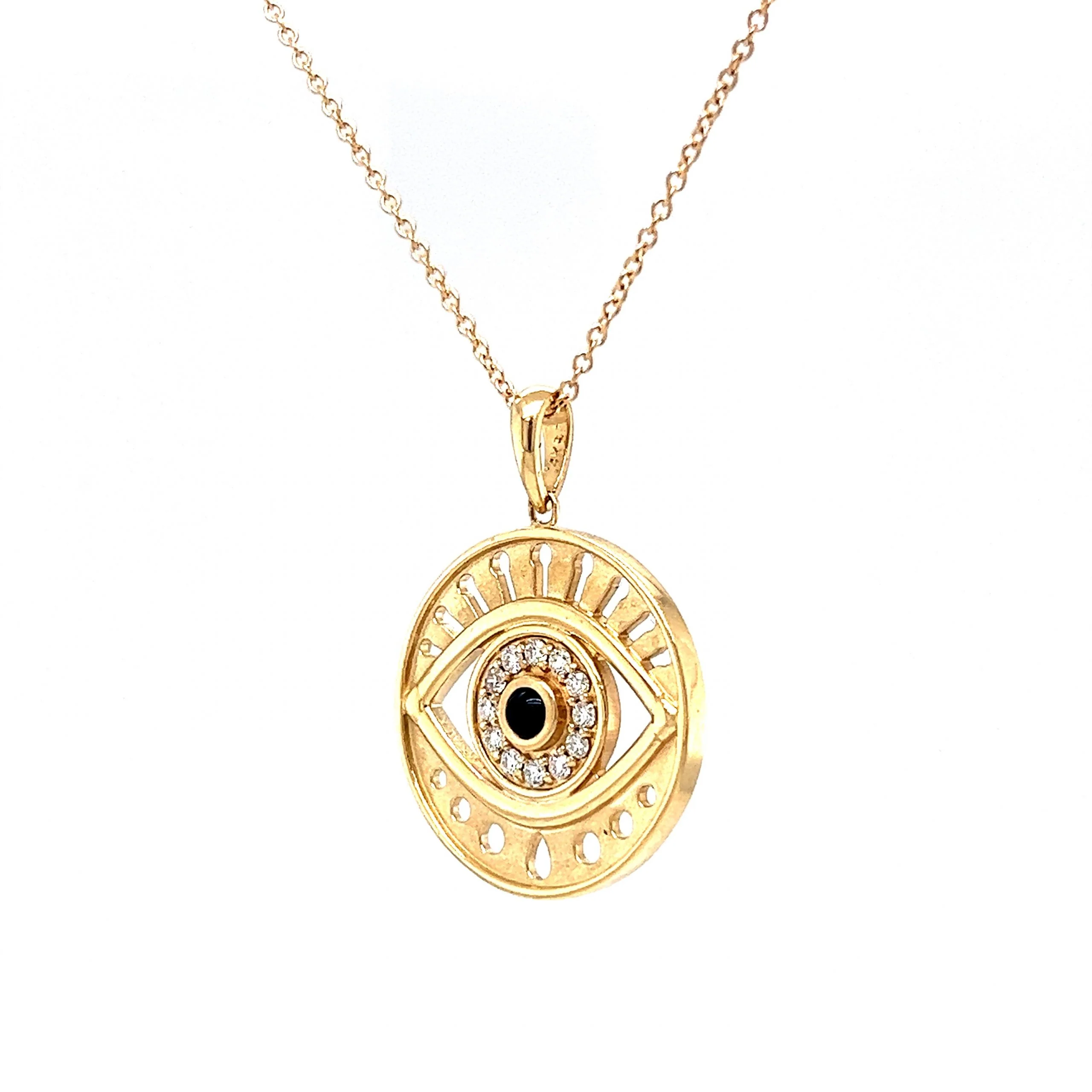 Black Onyx & Diamond Evil Eye Necklace in 14k Yellow Gold - Image 2