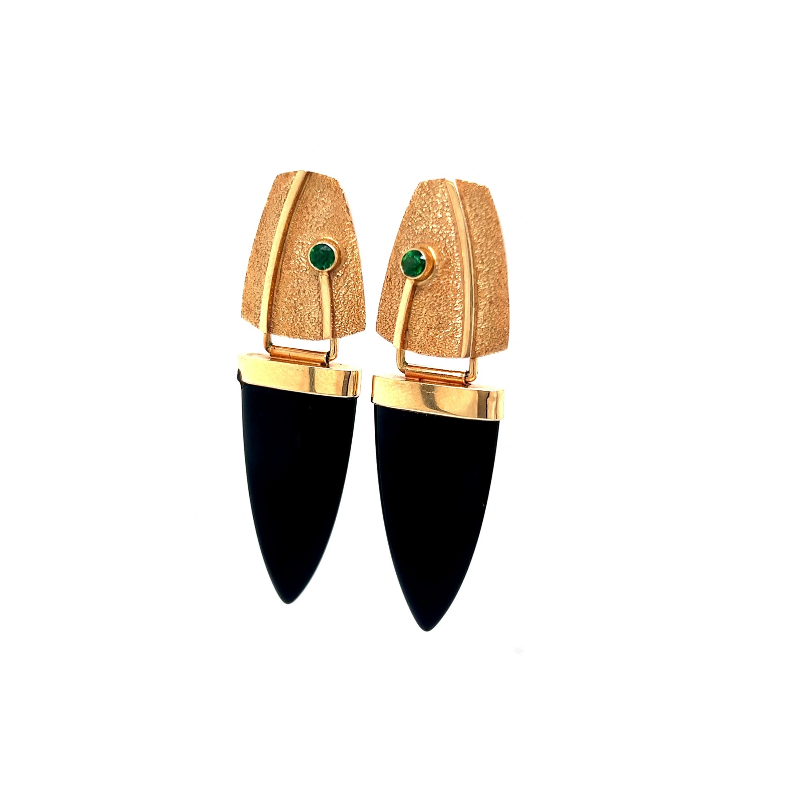 Black Onyx & Emerald Drop Earrings in 14k Yellow Gold - Image 2