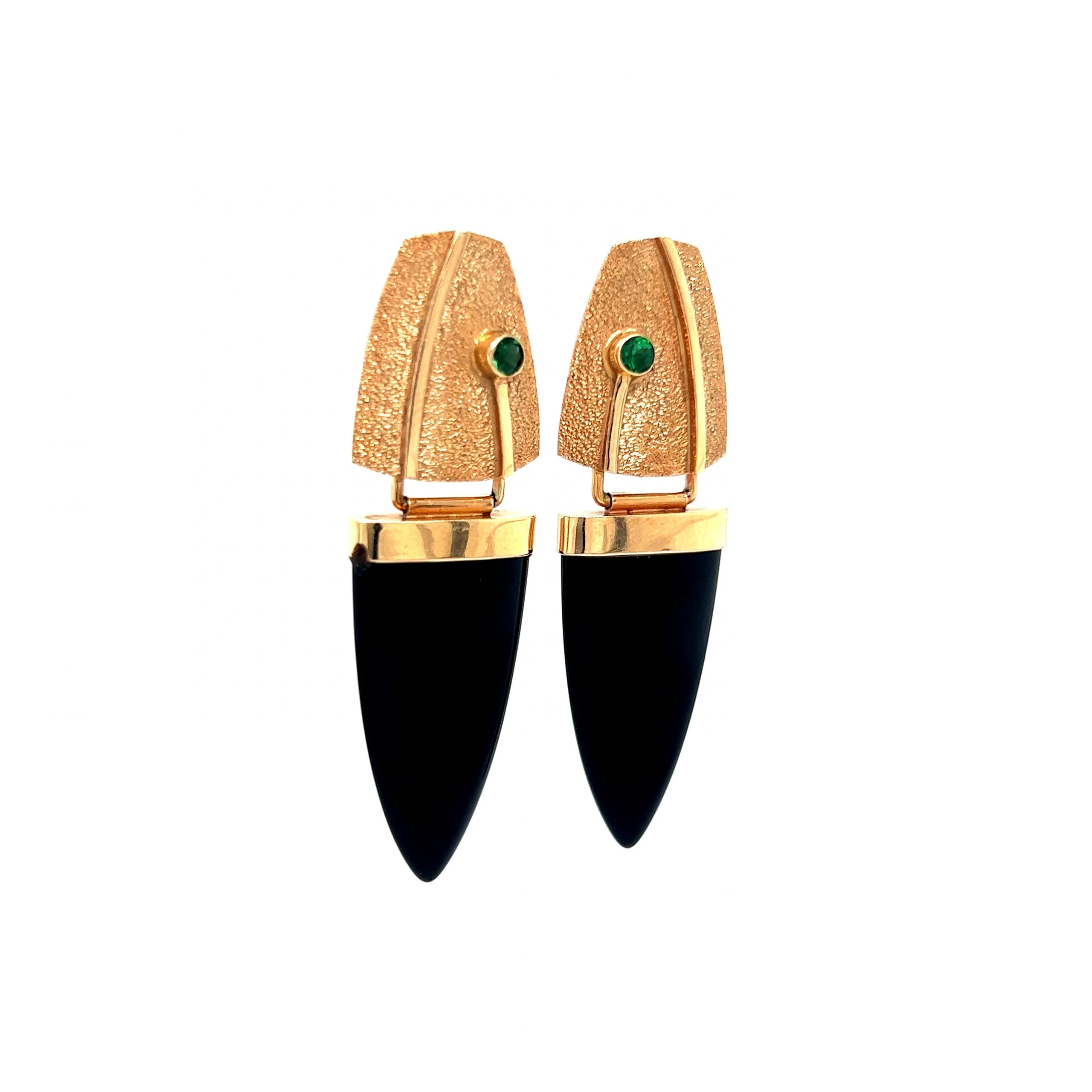 Black Onyx & Emerald Drop Earrings in 14k Yellow Gold - Image 3