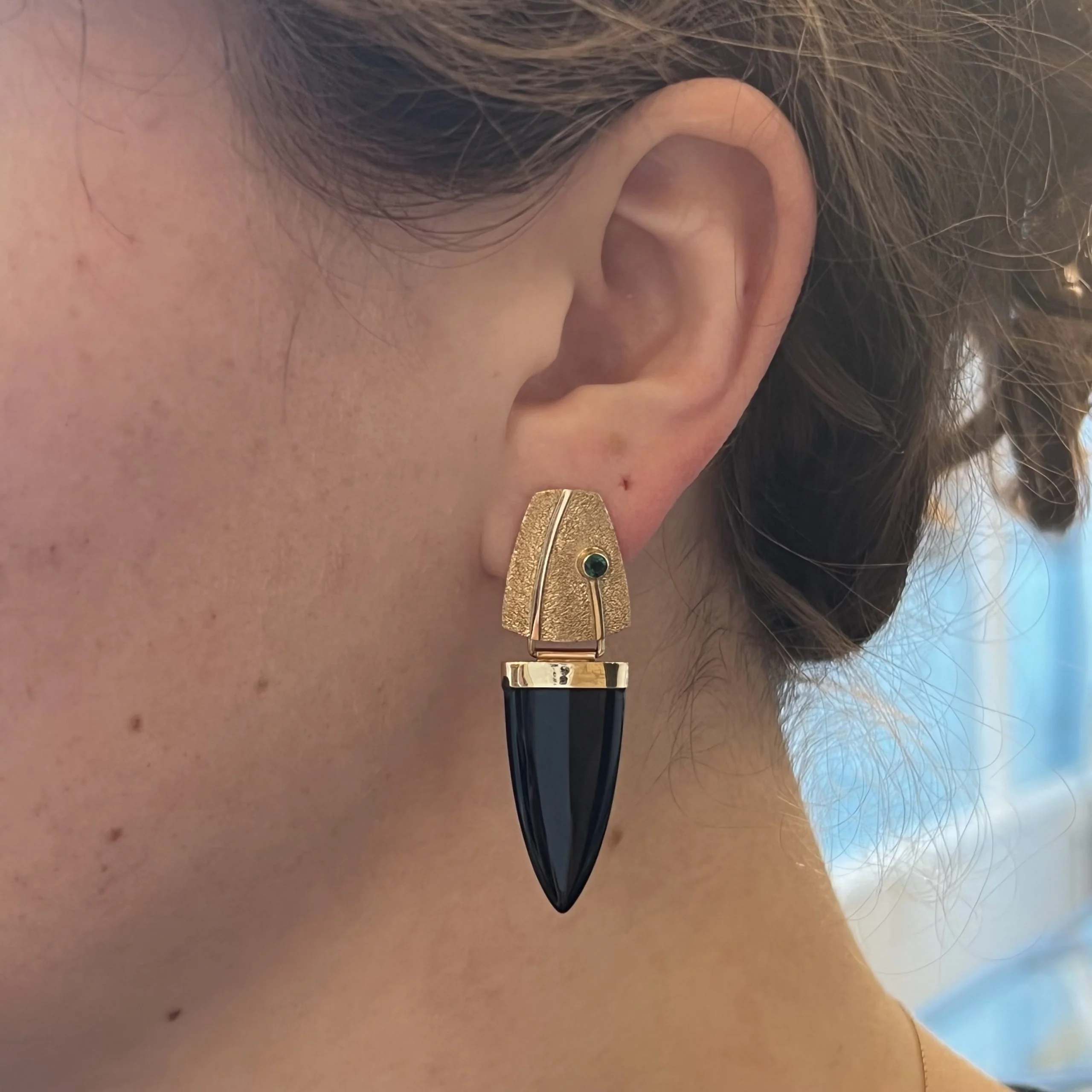Black Onyx & Emerald Drop Earrings in 14k Yellow Gold - Image 4