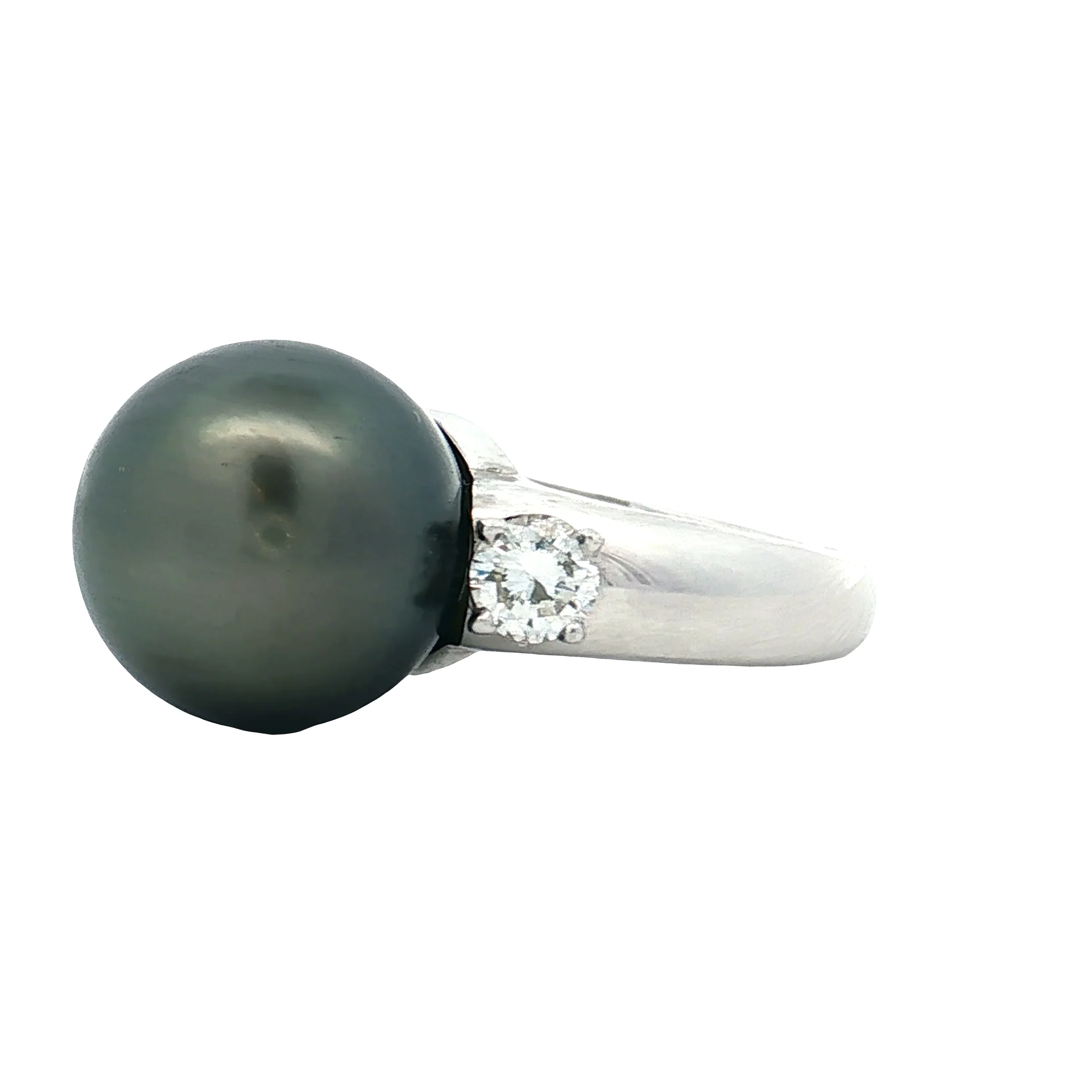Black Pearl & Diamond Cocktail Ring 18k White Gold - Image 2