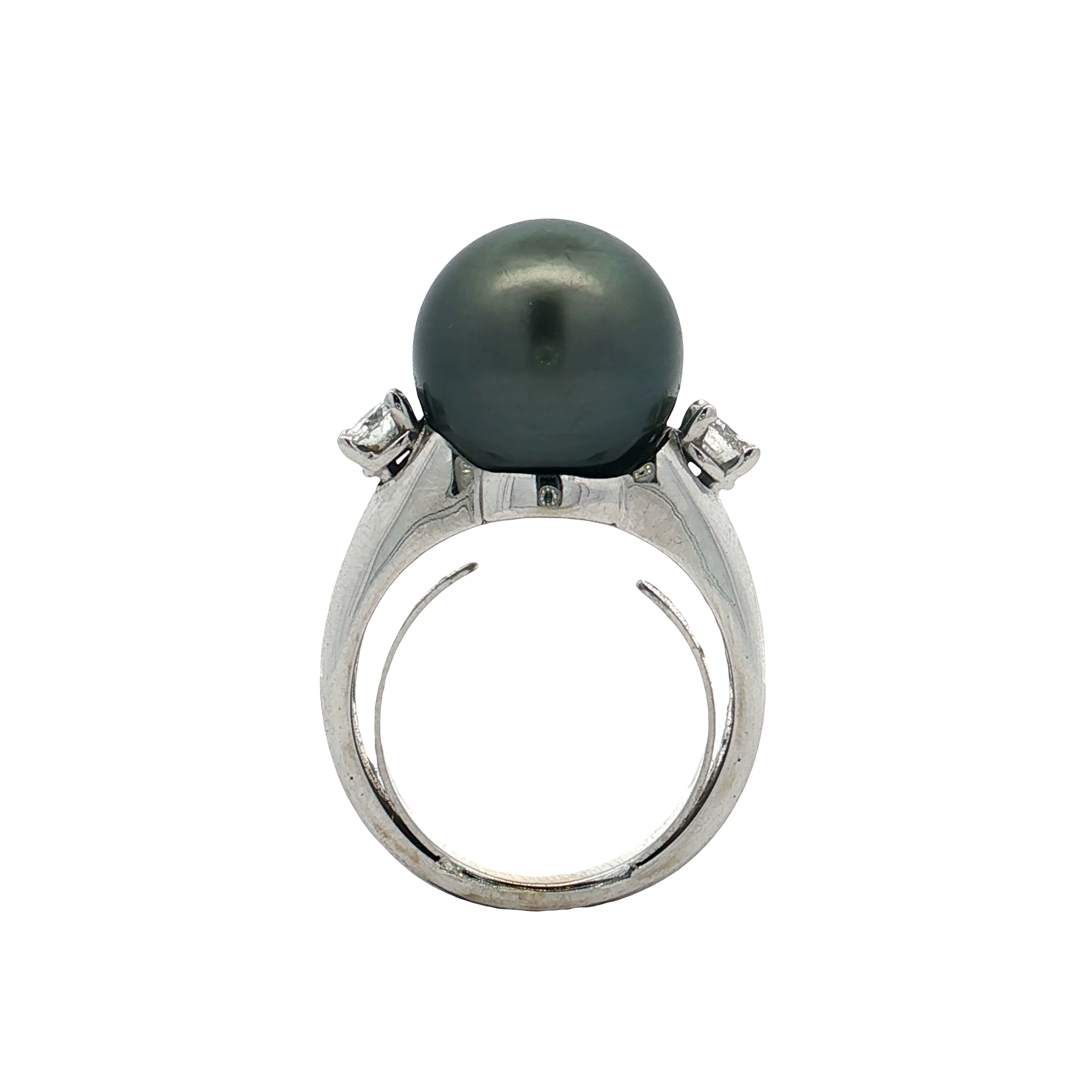 Black Pearl & Diamond Cocktail Ring 18k White Gold - Image 4