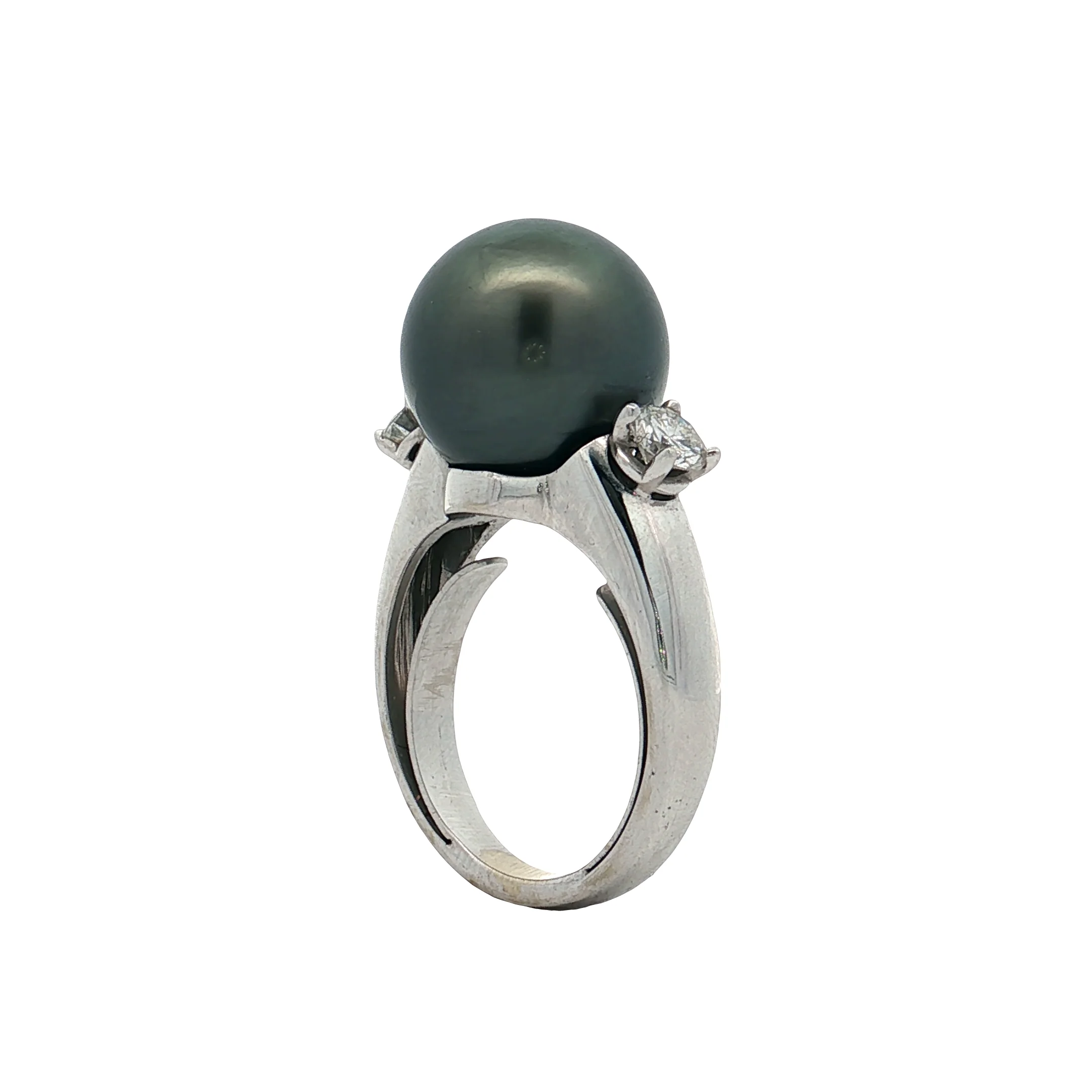 Black Pearl & Diamond Cocktail Ring 18k White Gold - Image 5