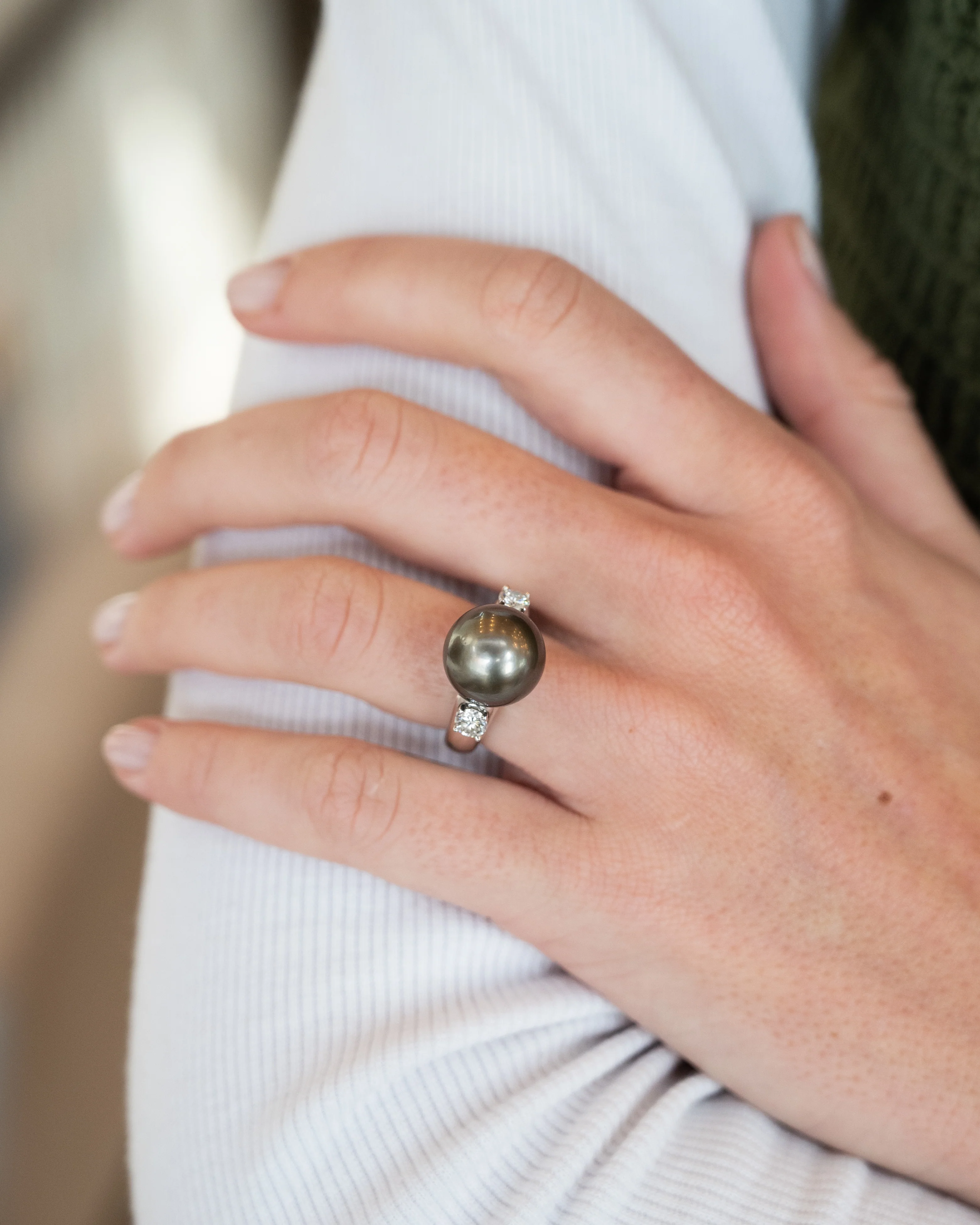 Black Pearl & Diamond Cocktail Ring 18k White Gold - Image 7
