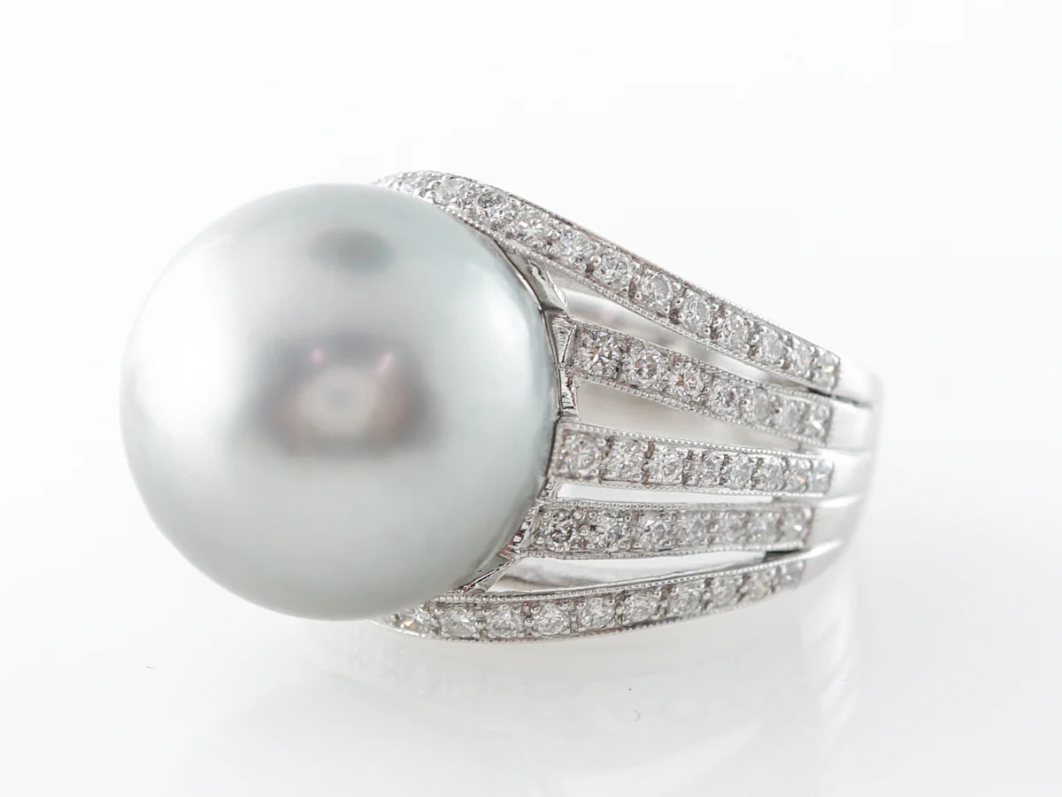 Black Pearl & Diamond Cocktail Ring in Platinum - Image 2
