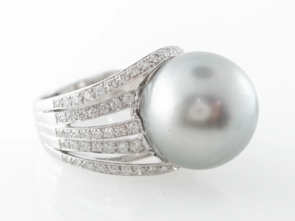 Black Pearl & Diamond Cocktail Ring in Platinum - Image 3