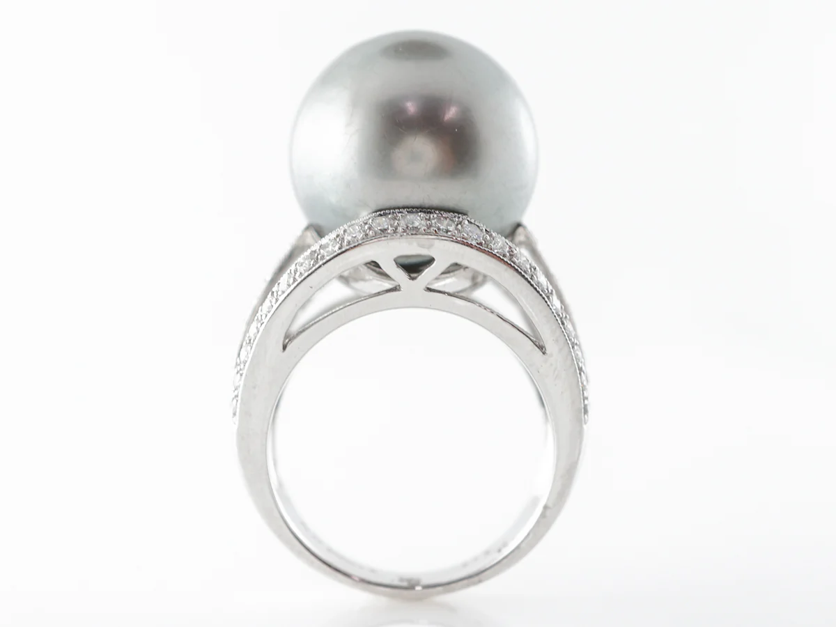 Black Pearl & Diamond Cocktail Ring in Platinum - Image 4