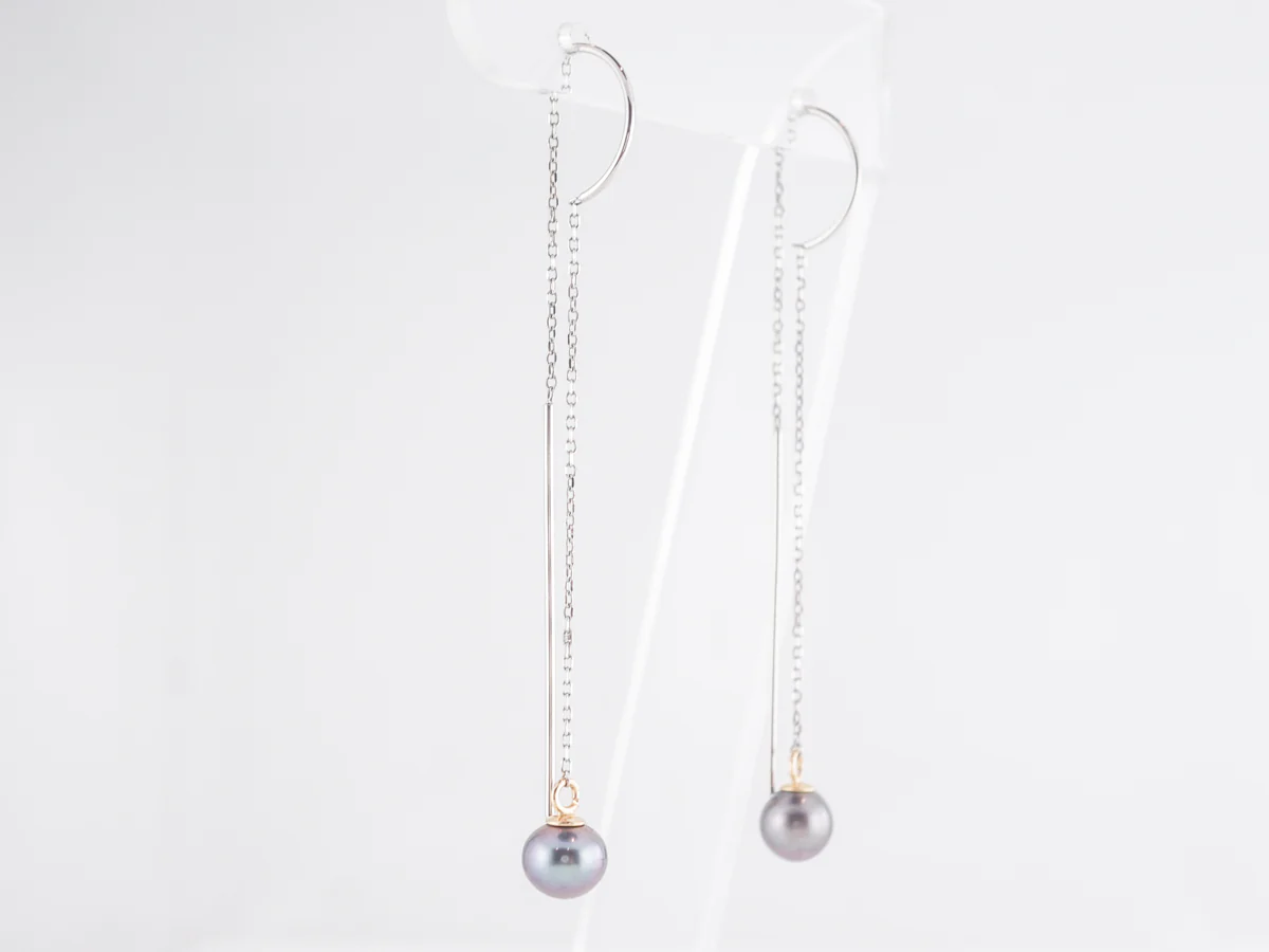 Black Pearl Drop Earrings in 14k White & Yellow Gold - Image 3