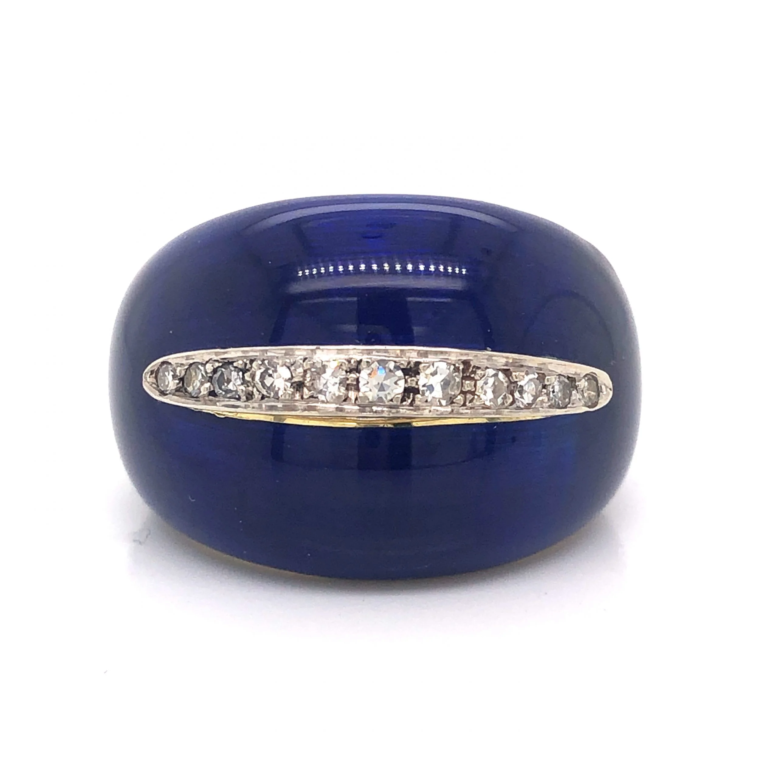 Blue Enamel Diamond Cocktail Ring in 18k Yellow Gold