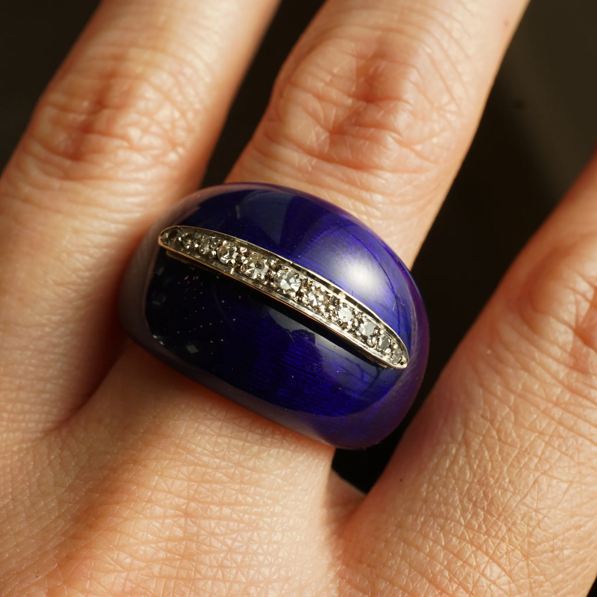 Blue Enamel Diamond Cocktail Ring in 18k Yellow Gold - Image 5