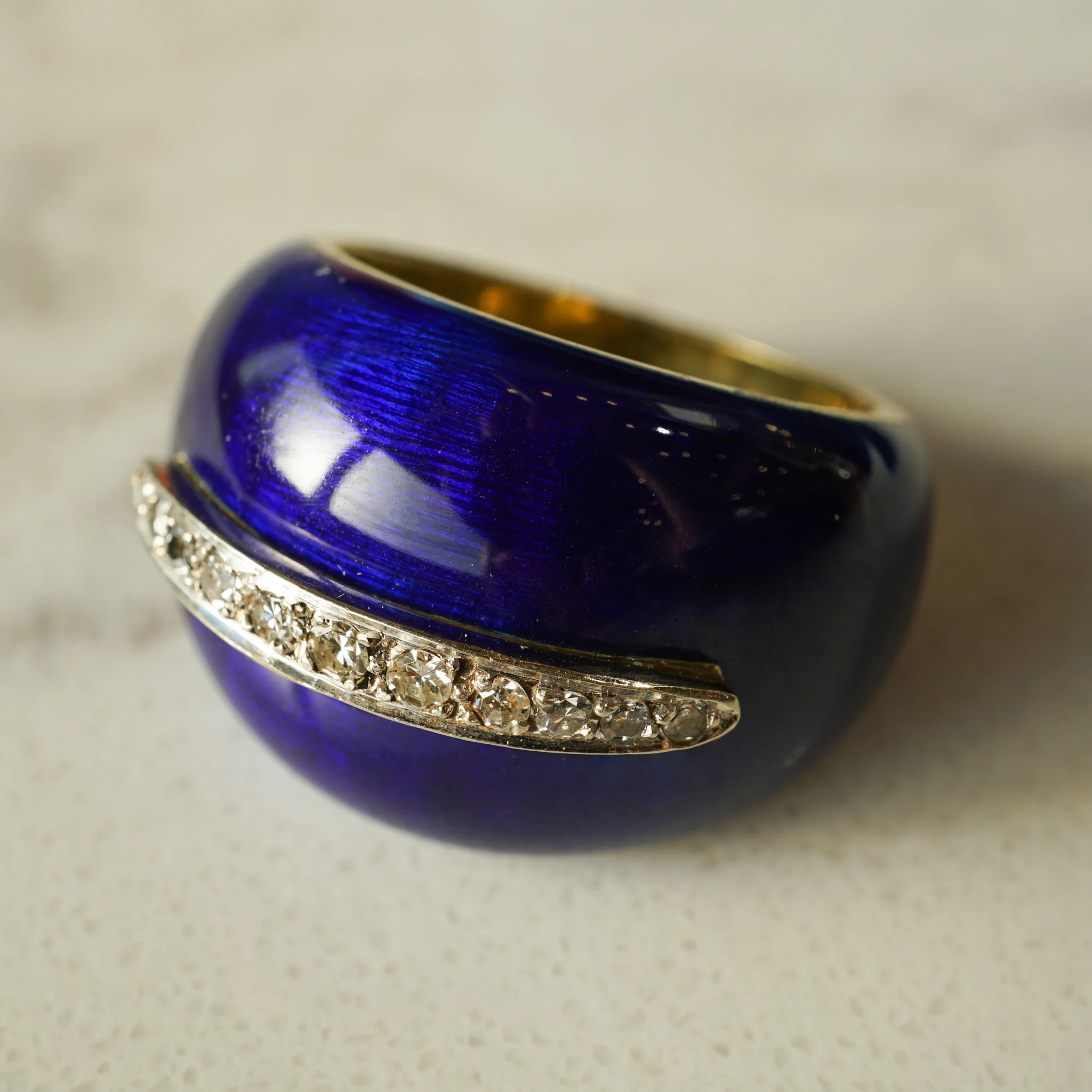 Blue Enamel Diamond Cocktail Ring in 18k Yellow Gold - Image 6