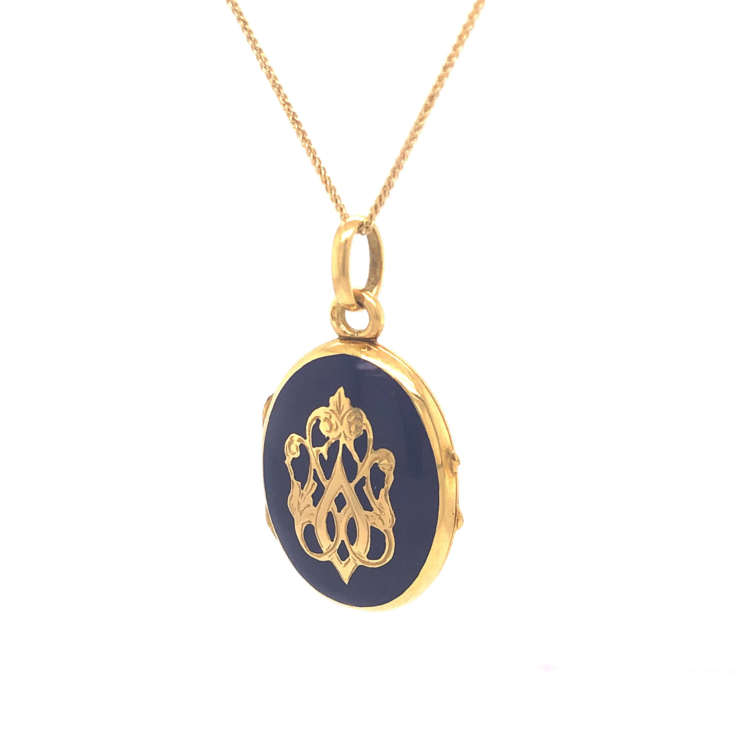 Blue Enamel Victorian Locket Necklace in 18k Yellow Gold - Image 3