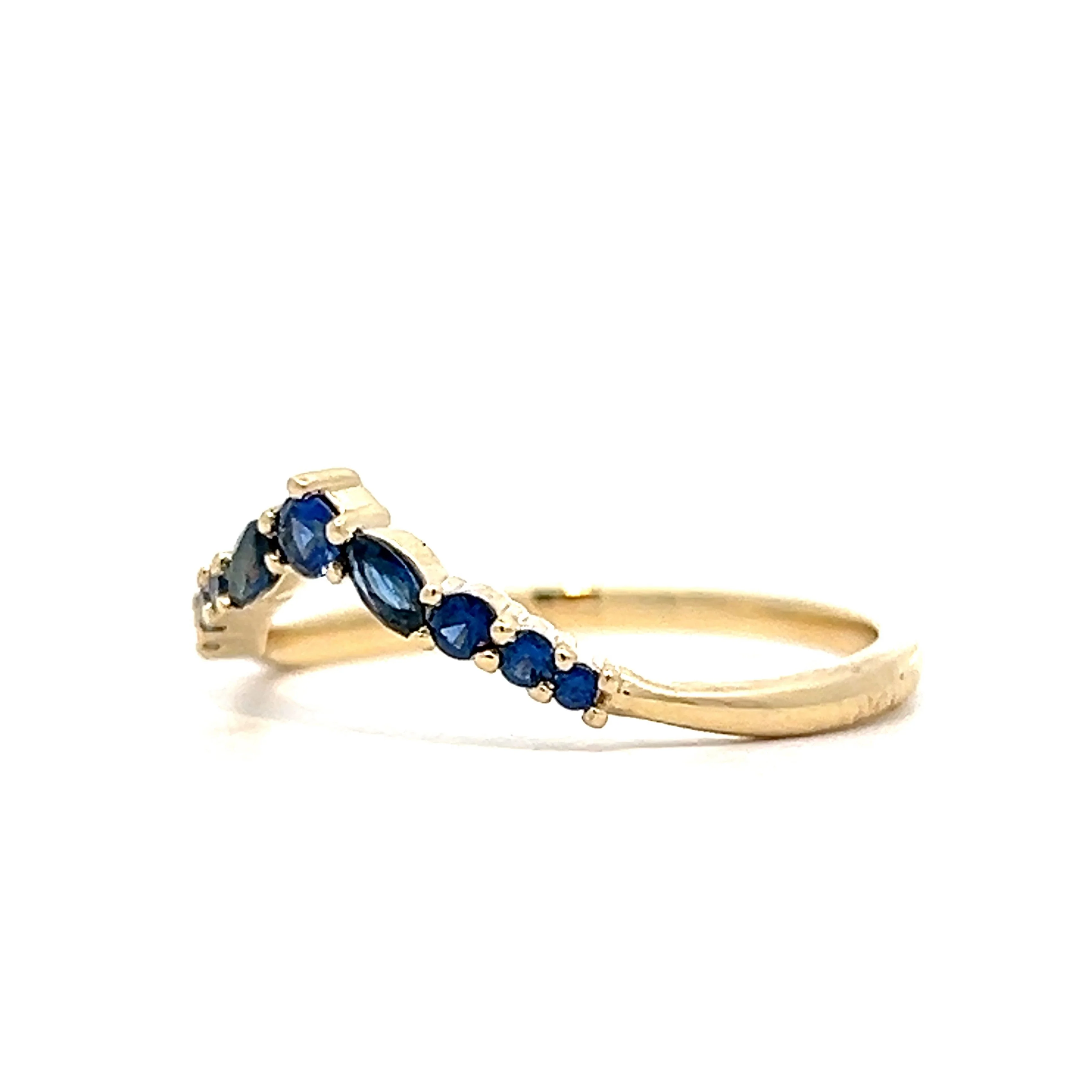 Blue Sapphire Contoured Stacking Wedding Band in Yellow Gold - Image 2