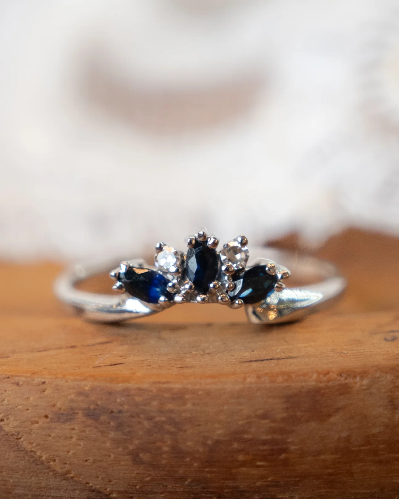 Blue Sapphire & Diamond Contour Wedding Band in 14k - Image 6