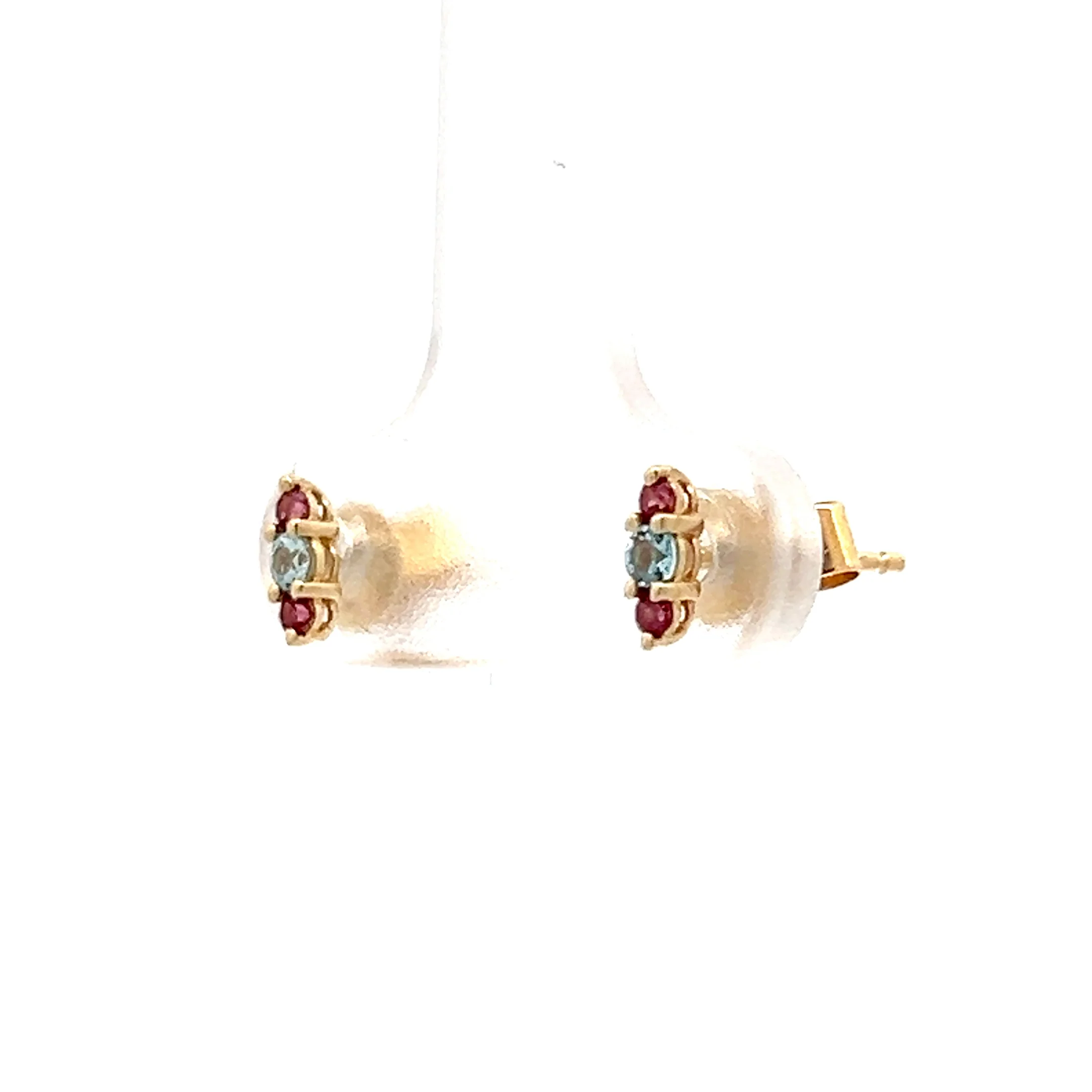 Blue Topaz & Garnet Stud Earrings in 14k Yellow Gold - Image 2