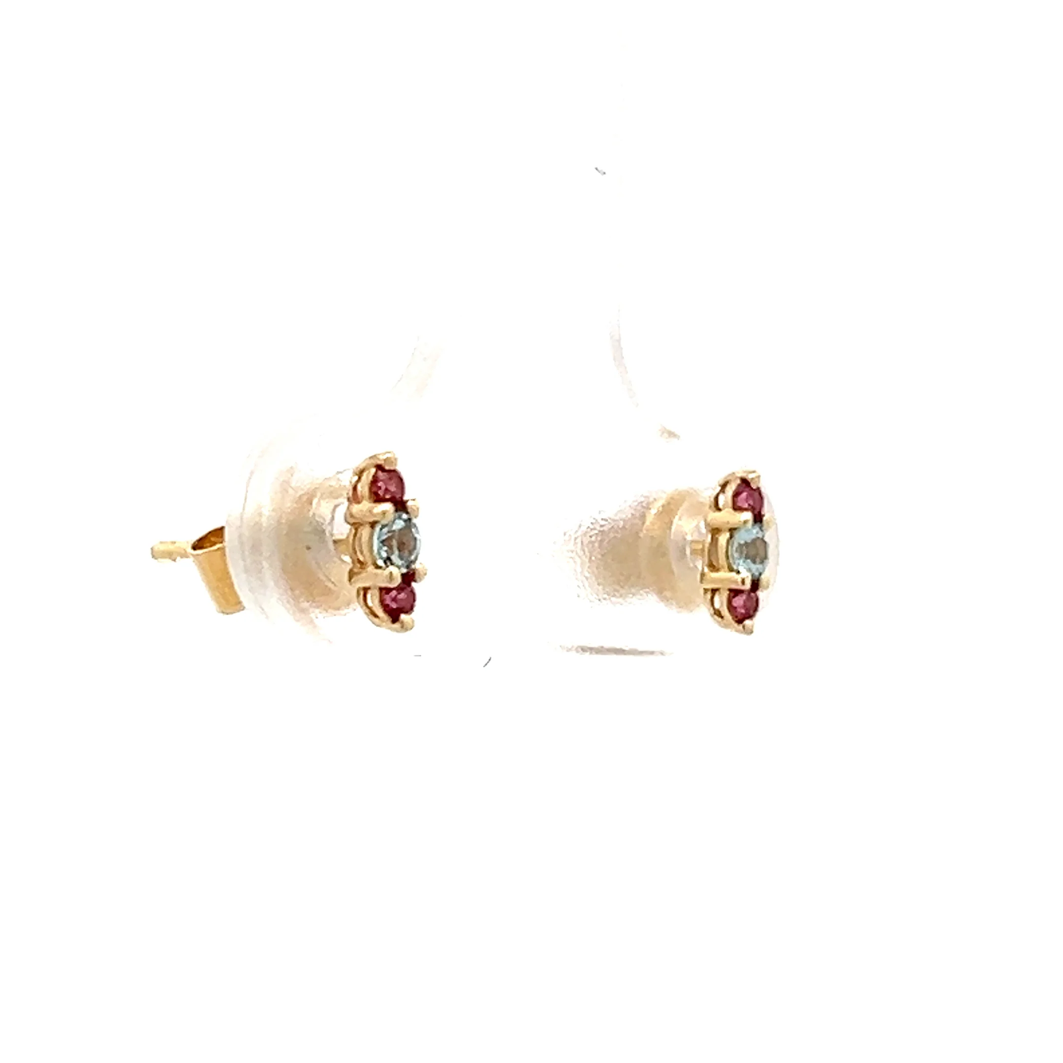 Blue Topaz & Garnet Stud Earrings in 14k Yellow Gold - Image 3