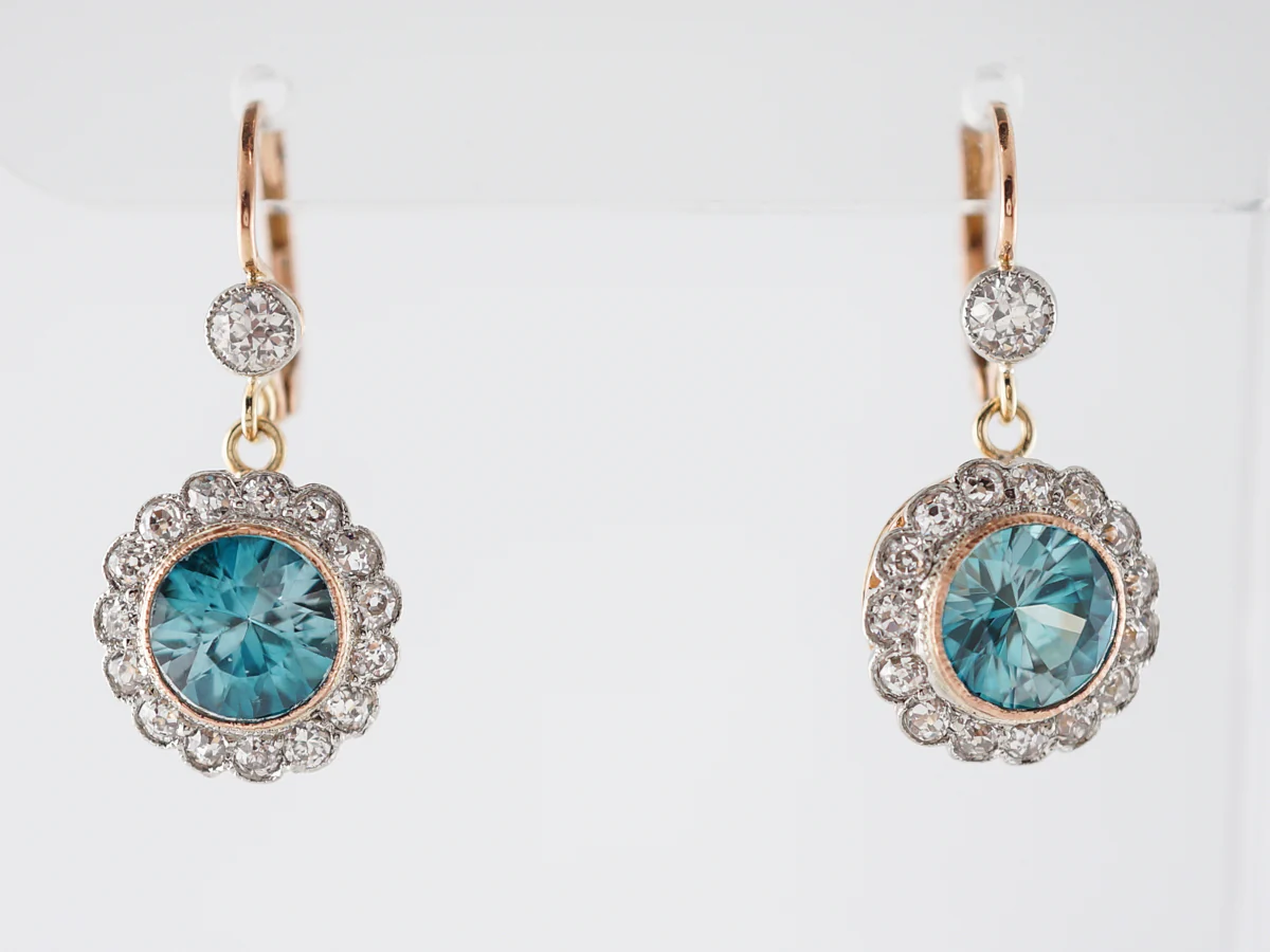 Blue Zircon & Diamond Earrings in Yellow Gold & Platinum
