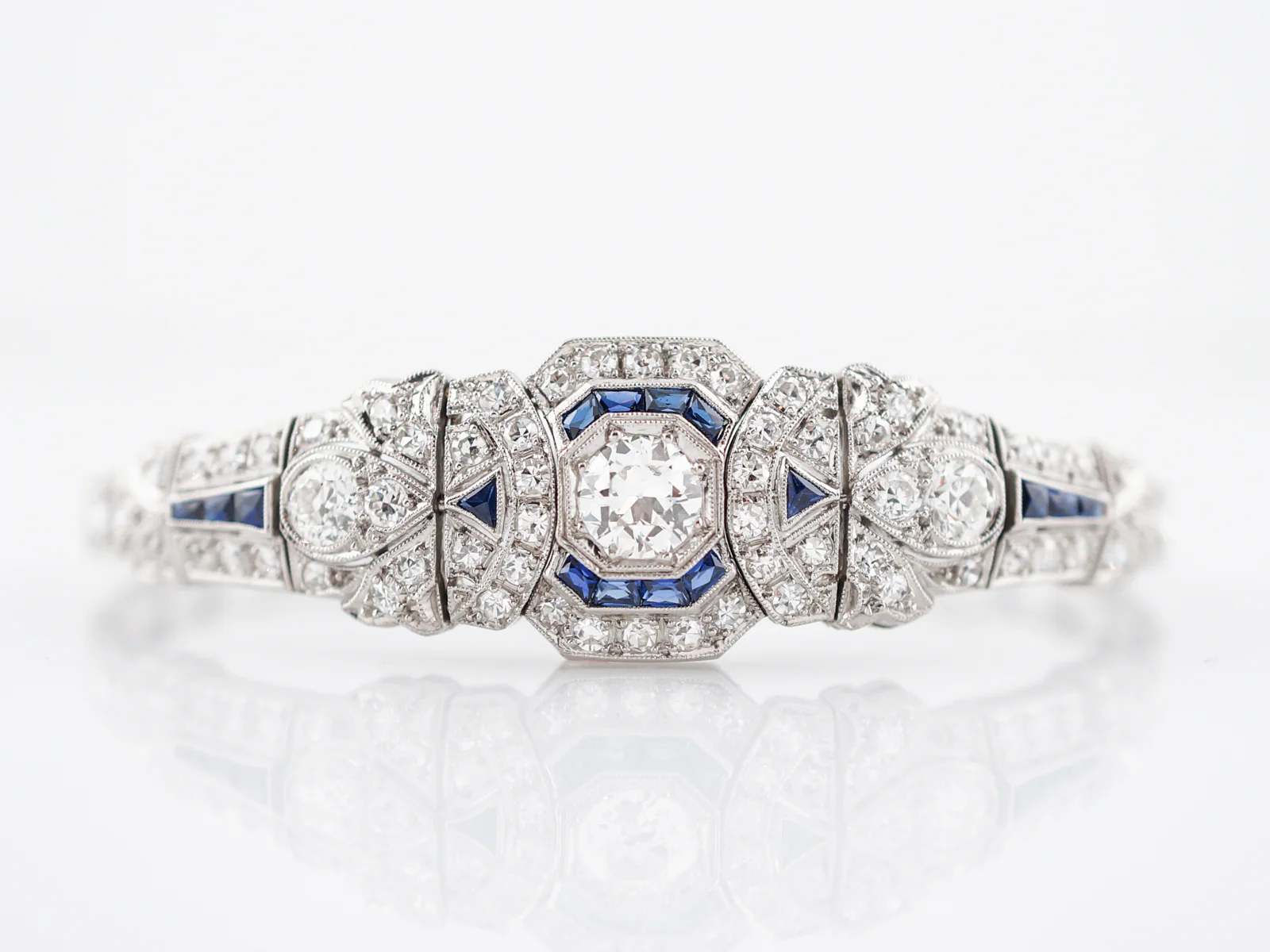 Bracelet Modern Art Deco Style 4.55 Old European Cut Diamonds & .96 Sapphire in Platinum - Image 2