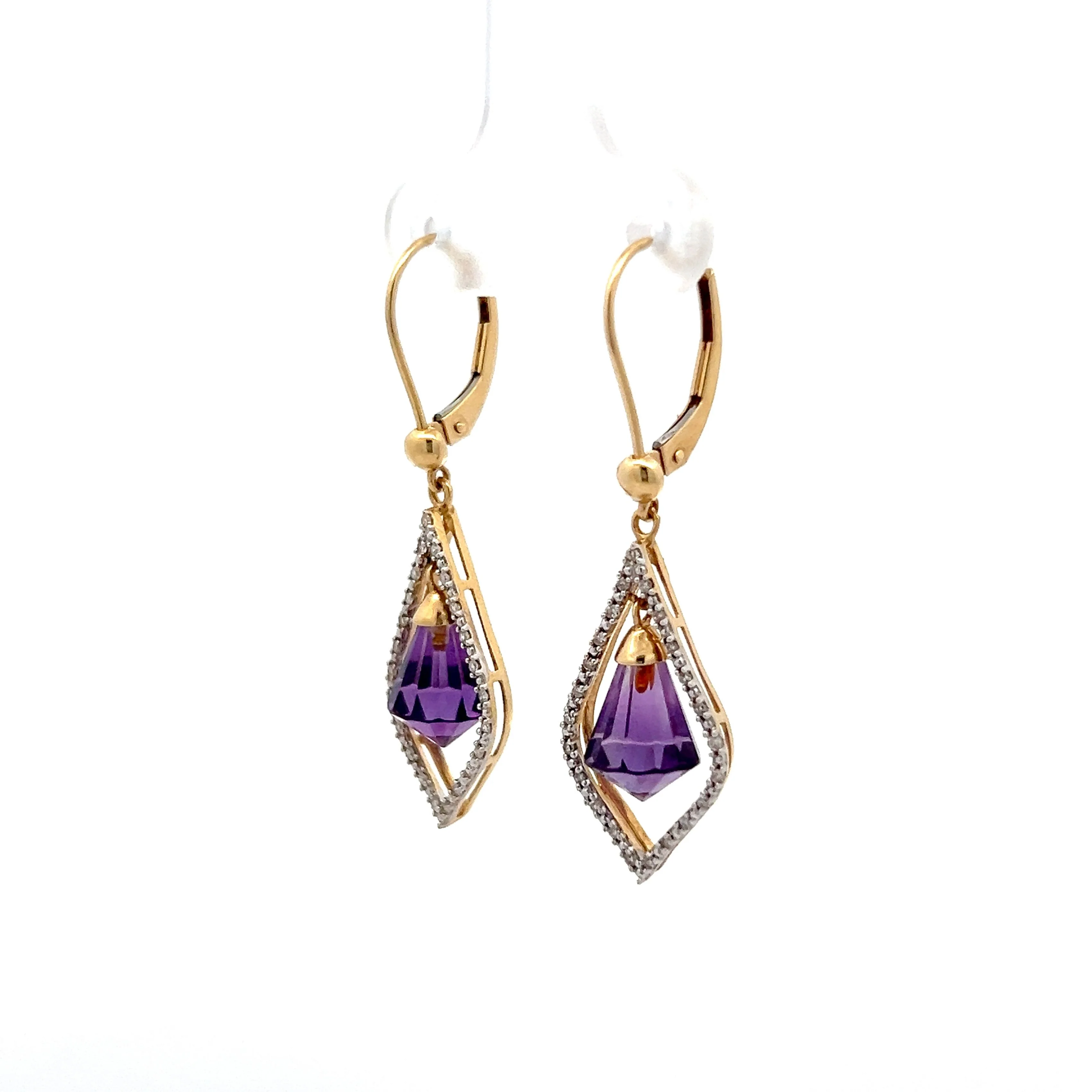 Briolette Cut Amethyst & Diamond Earrings in 14k - Image 2