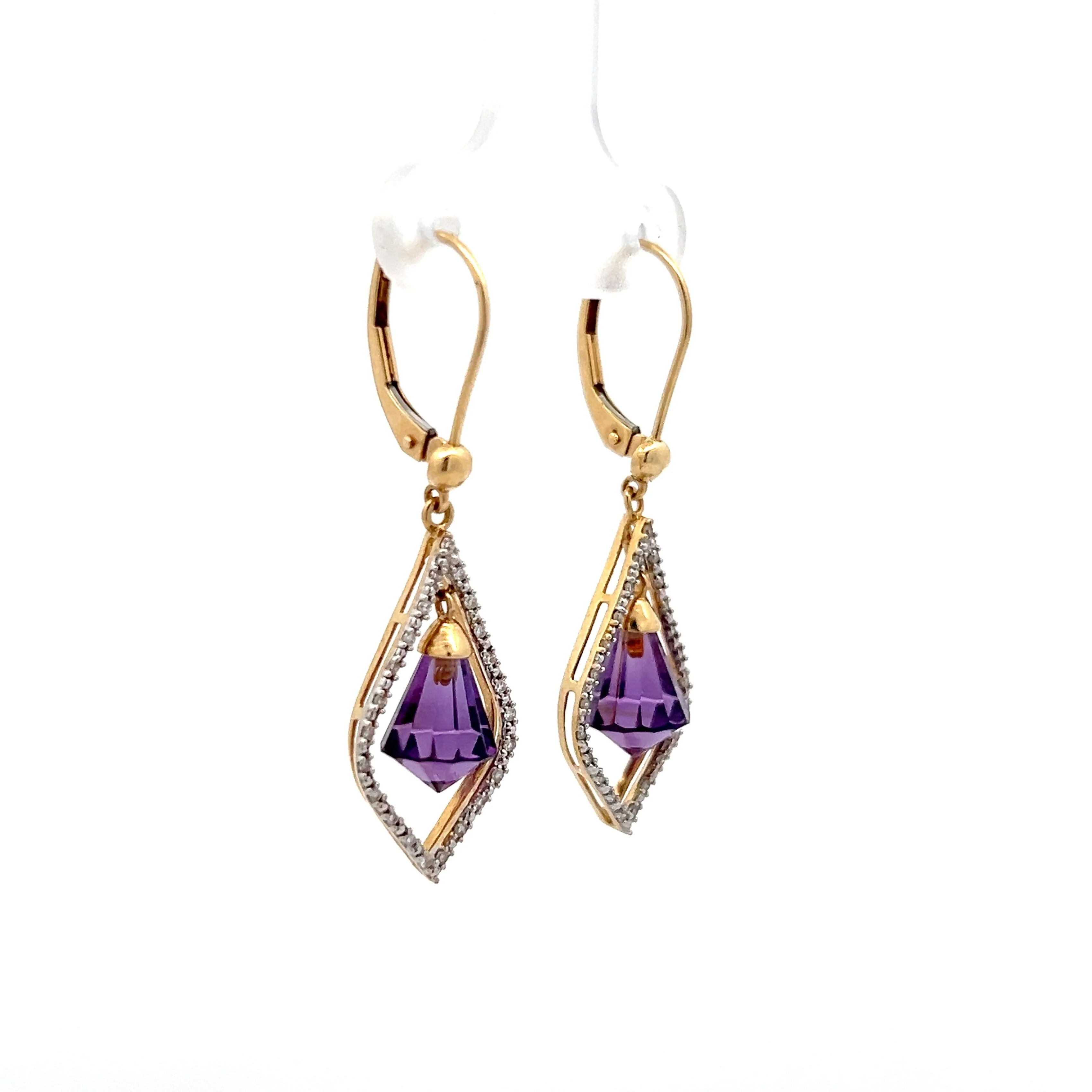Briolette Cut Amethyst & Diamond Earrings in 14k - Image 3