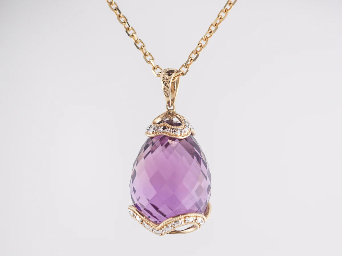 Briolette Cut Amethyst Pendant w/ Diamonds in 14K Yellow Gold - Image 3