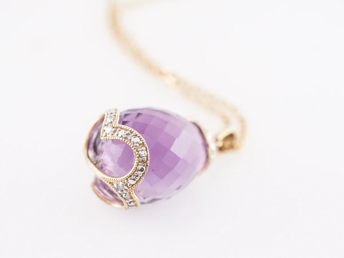 Briolette Cut Amethyst Pendant w/ Diamonds in 14K Yellow Gold - Image 4