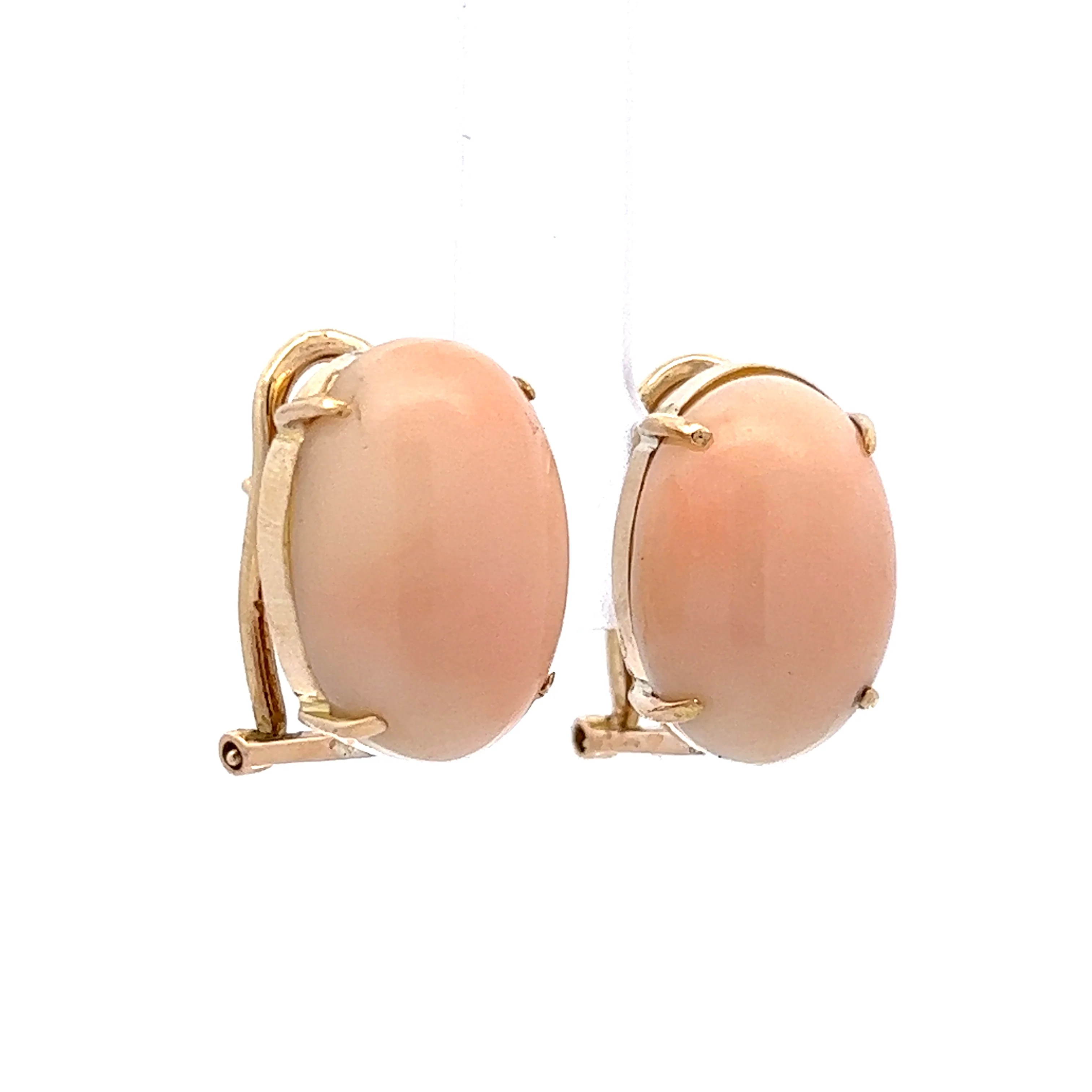 Cabochon Angel Skin Coral Earrings in 14k Yellow Gold - Image 3