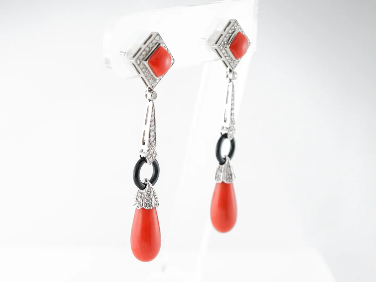 Cabochon Coral & Diamond Dangle Earrings in Platinum - Image 3