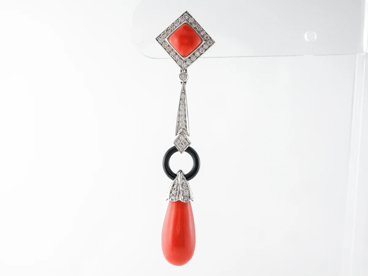 Cabochon Coral & Diamond Dangle Earrings in Platinum - Image 4