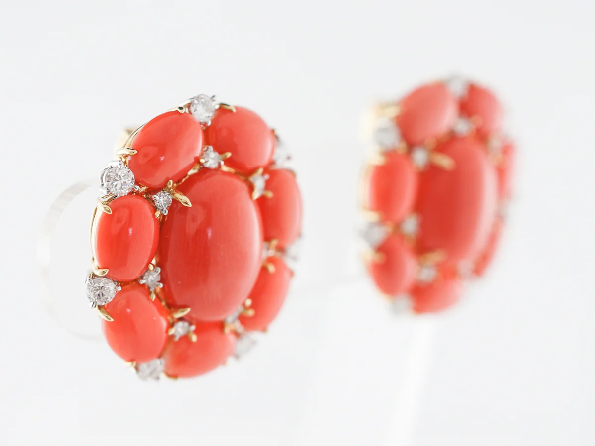 Cabochon Coral & Diamond Earrings in 18k Yellow Gold - Image 2