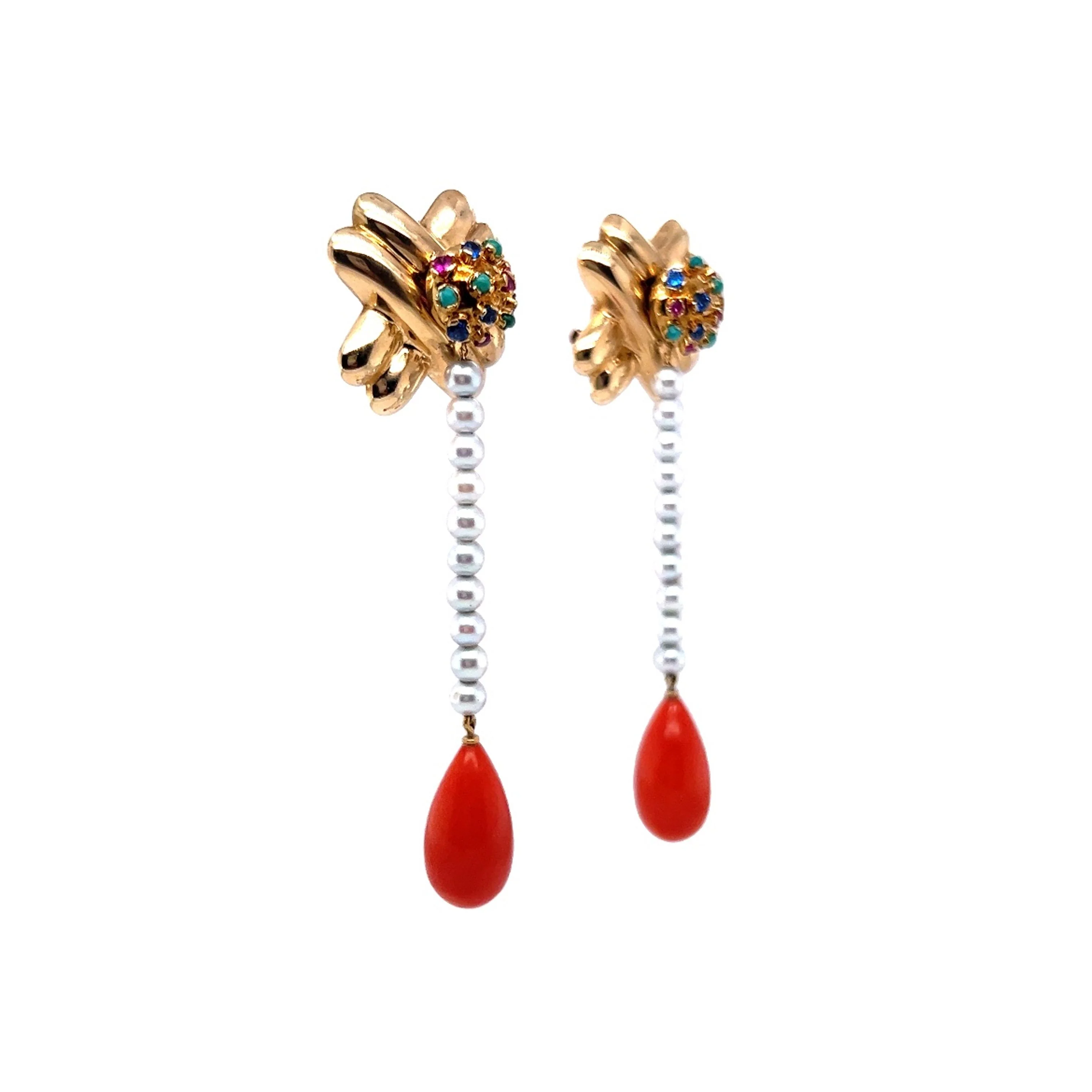 Cabochon Cut Coral Dangle Earrings in Yellow Gold by Stephanie Lake Design - Image 3
