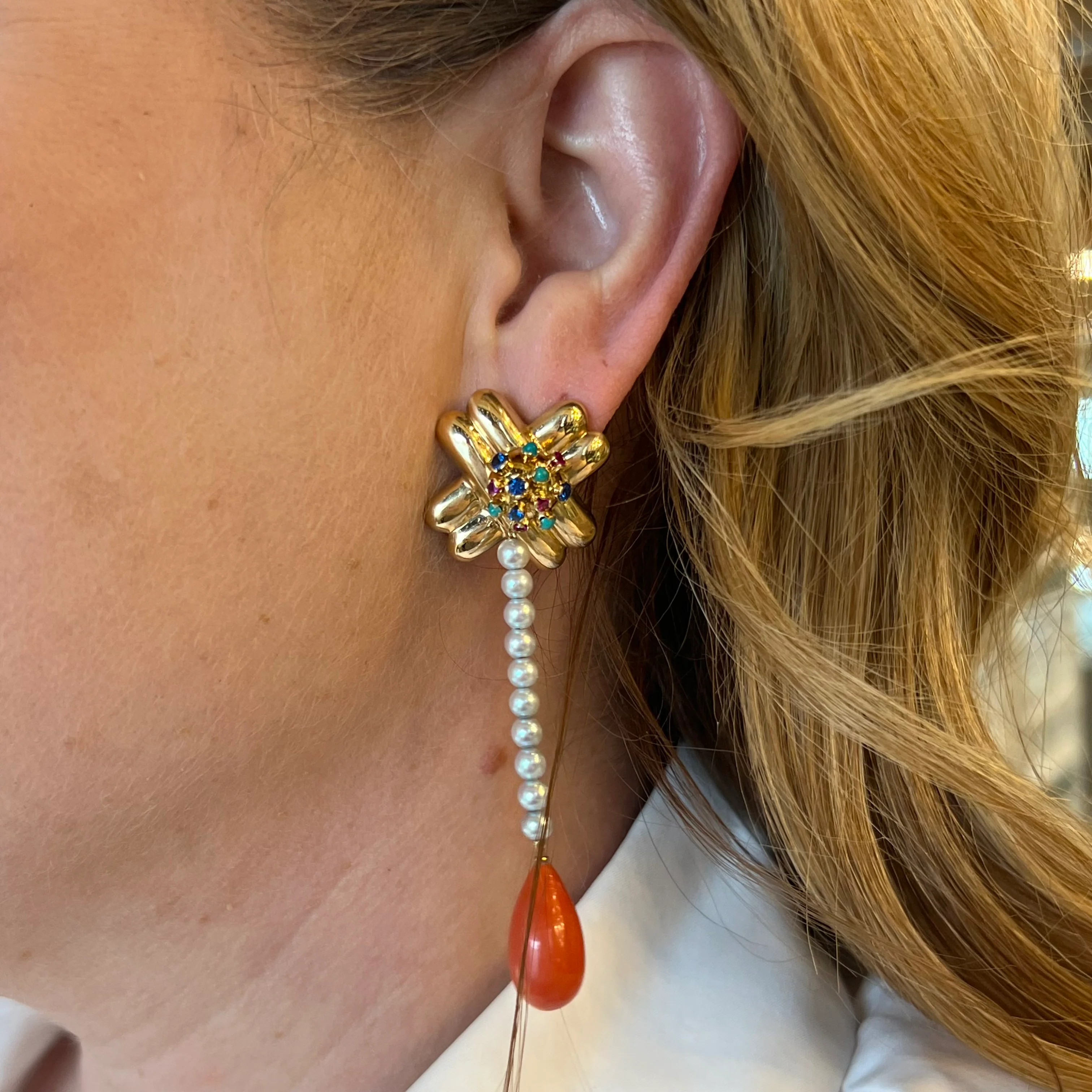 Cabochon Cut Coral Dangle Earrings in Yellow Gold by Stephanie Lake Design - Image 4