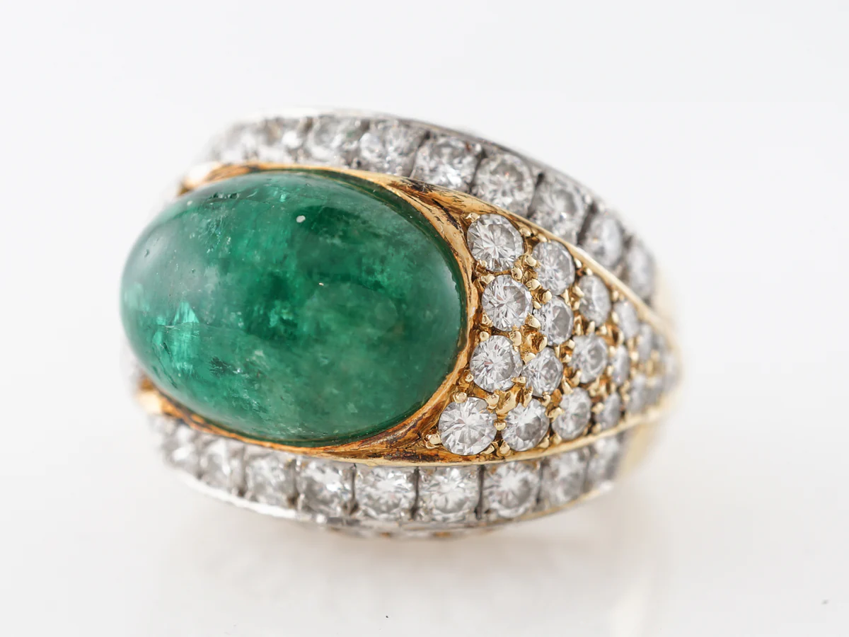 Cabochon Cut Emerald & Diamond Ring 18k - Image 2