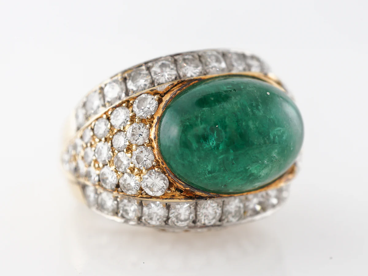 Cabochon Cut Emerald & Diamond Ring 18k - Image 3