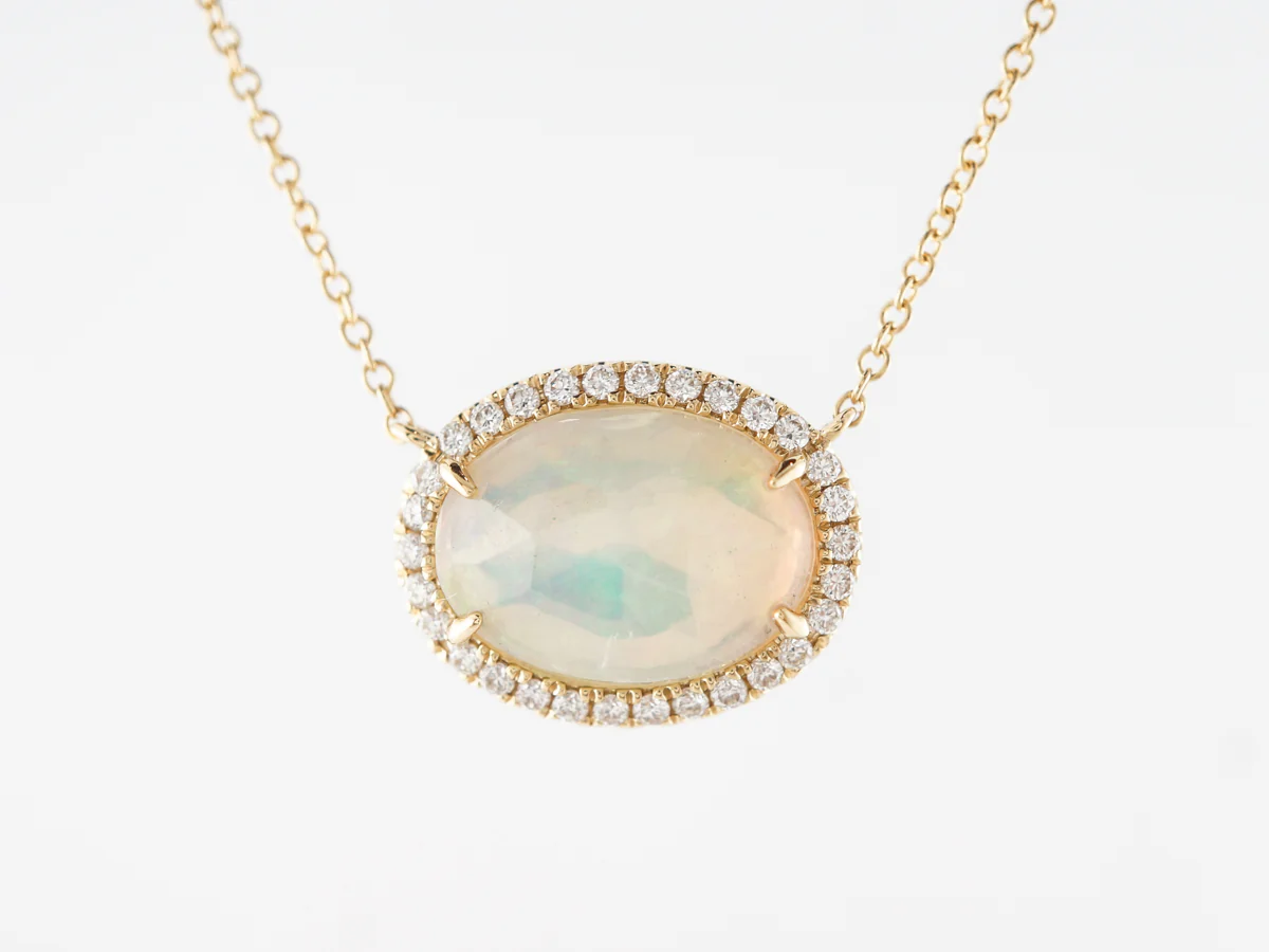 Cabochon Opal & Diamond Pendant in 18k Yellow Gold - Image 3