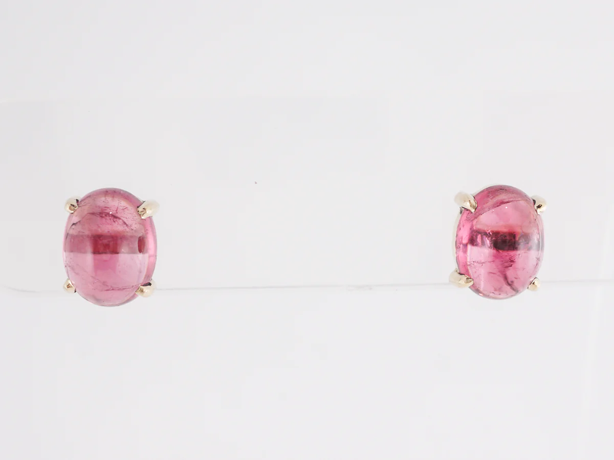 Cabochon Pink Tourmaline Earrings in 14k Yellow Gold