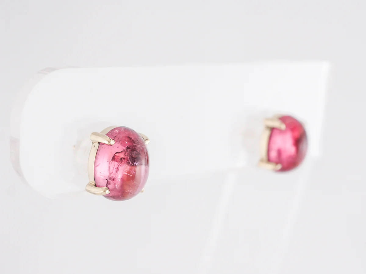 Cabochon Pink Tourmaline Earrings in 14k Yellow Gold - Image 3