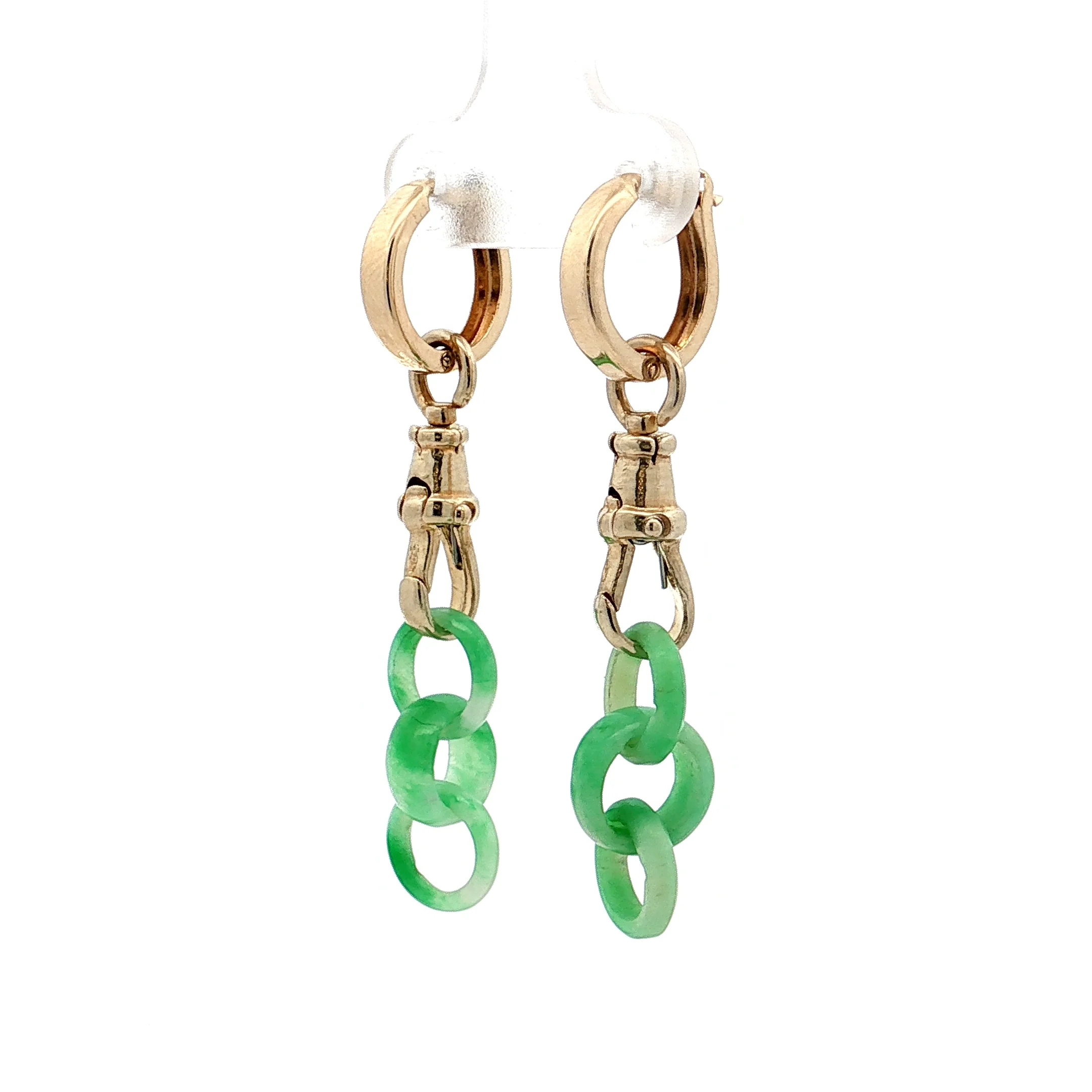 Carved Jadeite Drop Hoop Earrings 14k Yellow Gold - Image 2